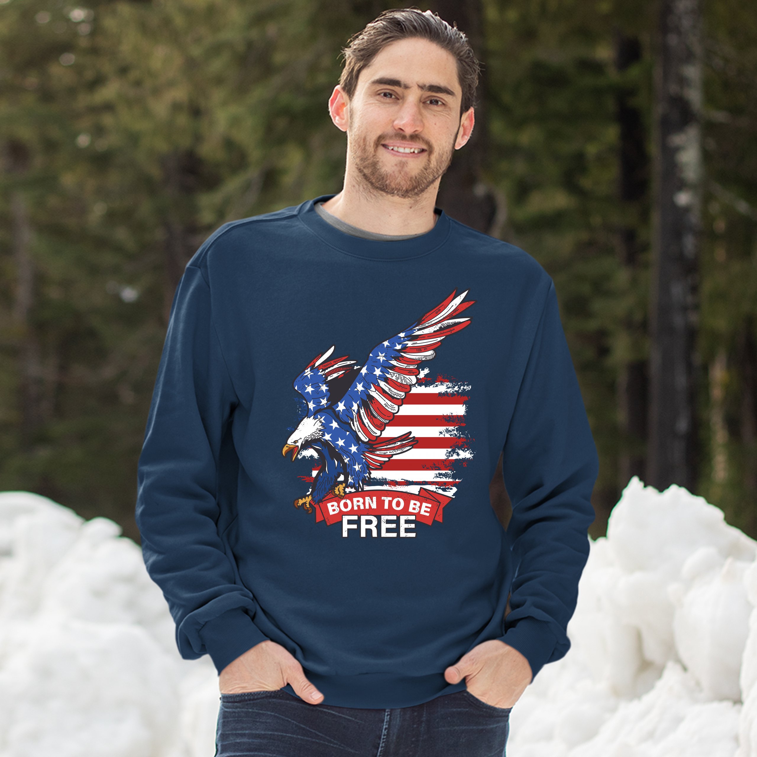 Diving Bald Eagle Sweatshirt Born to Be Free American Flag 4th of July Crewneck