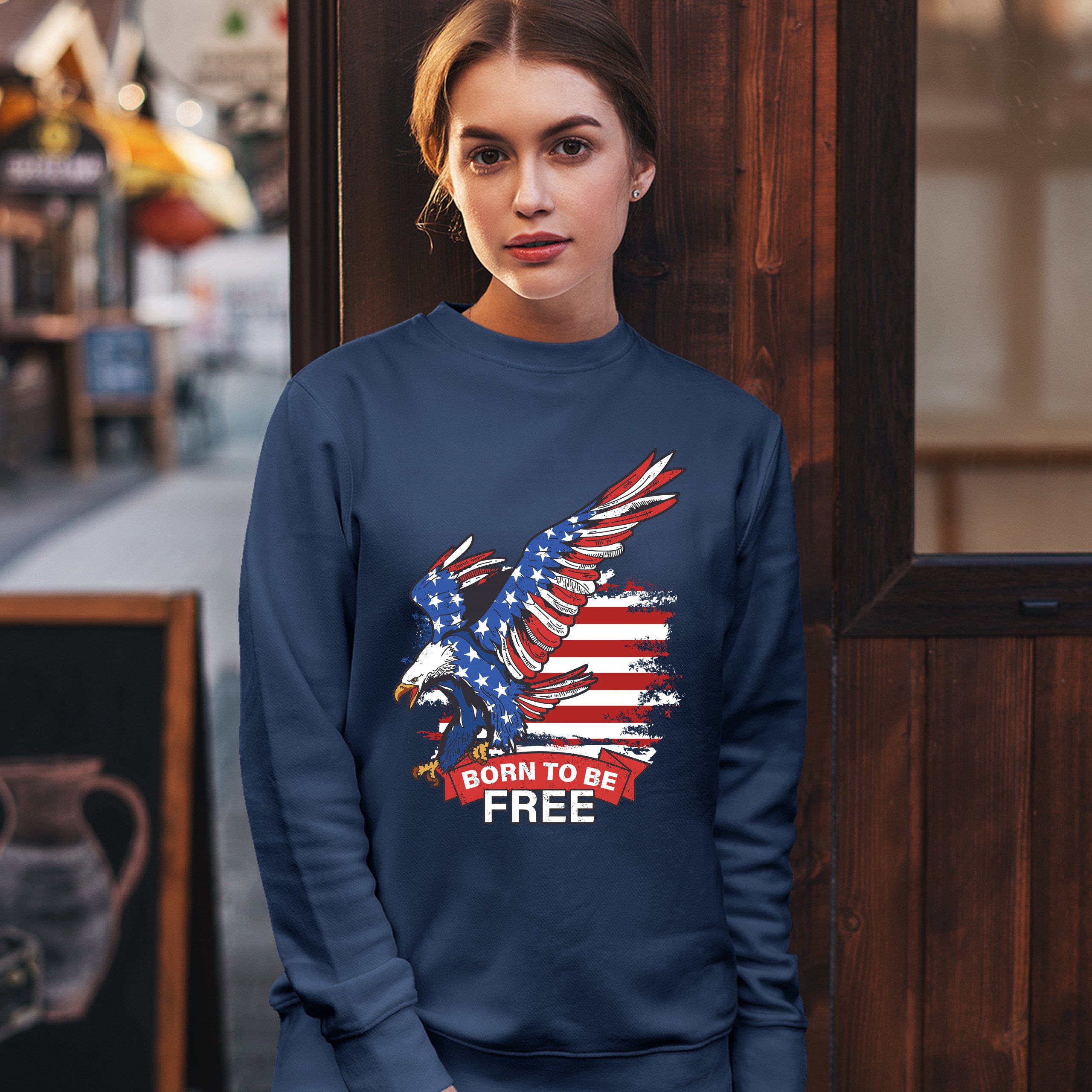 Diving Bald Eagle Sweatshirt Born to Be Free American Flag 4th of July Crewneck