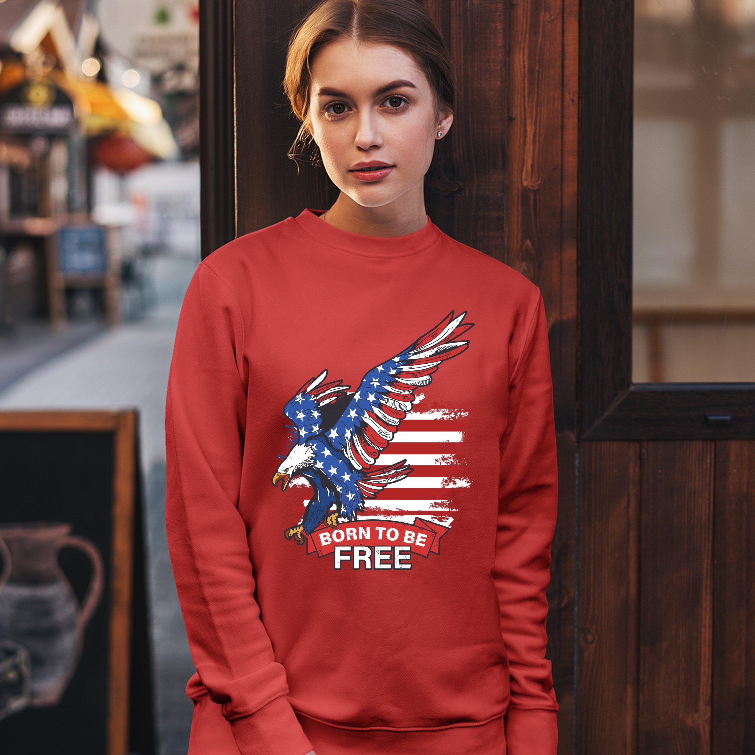 Diving Bald Eagle Sweatshirt Born to Be Free American Flag 4th of July Crewneck