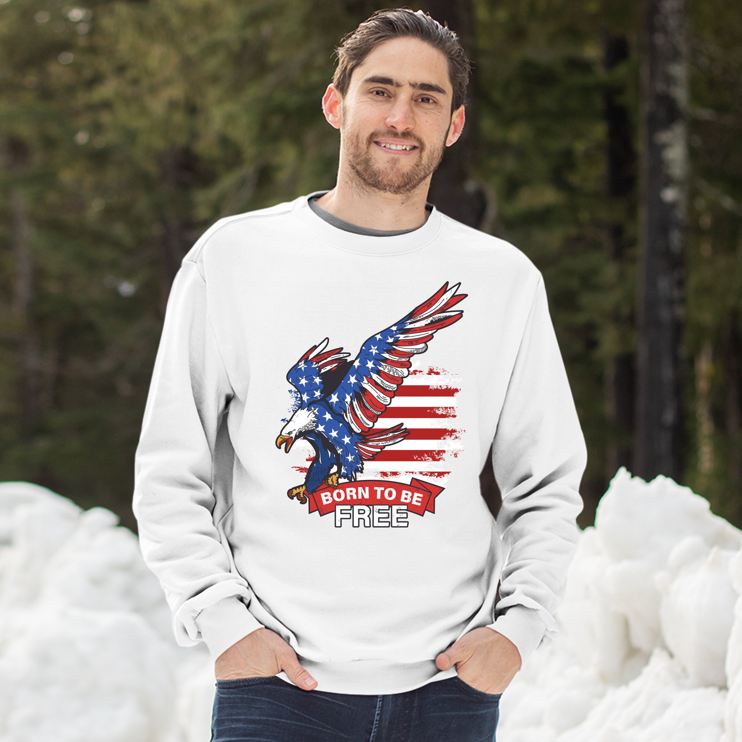 Diving Bald Eagle Sweatshirt Born to Be Free American Flag 4th of July Crewneck