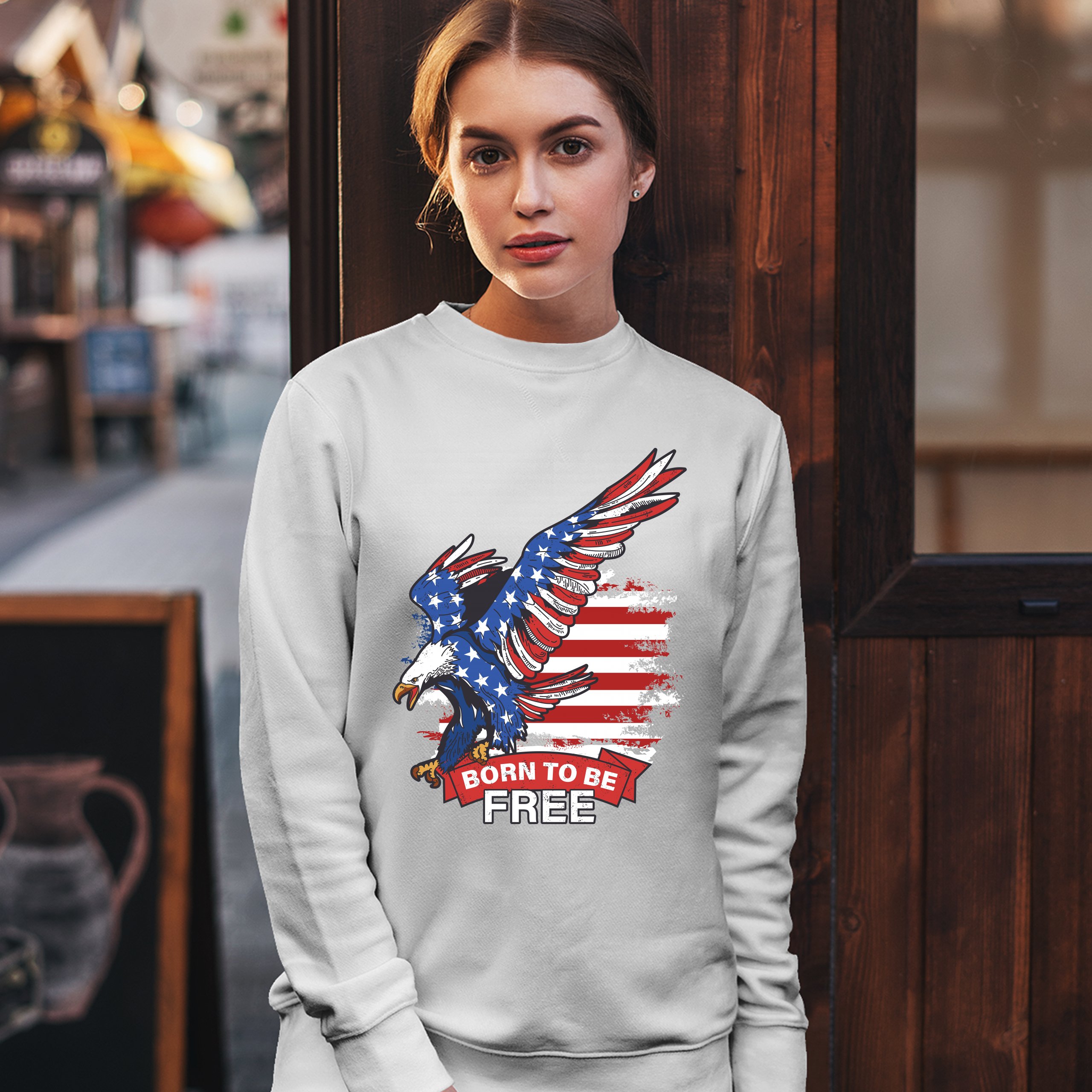 Diving Bald Eagle Sweatshirt Born to Be Free American Flag 4th of July Crewneck