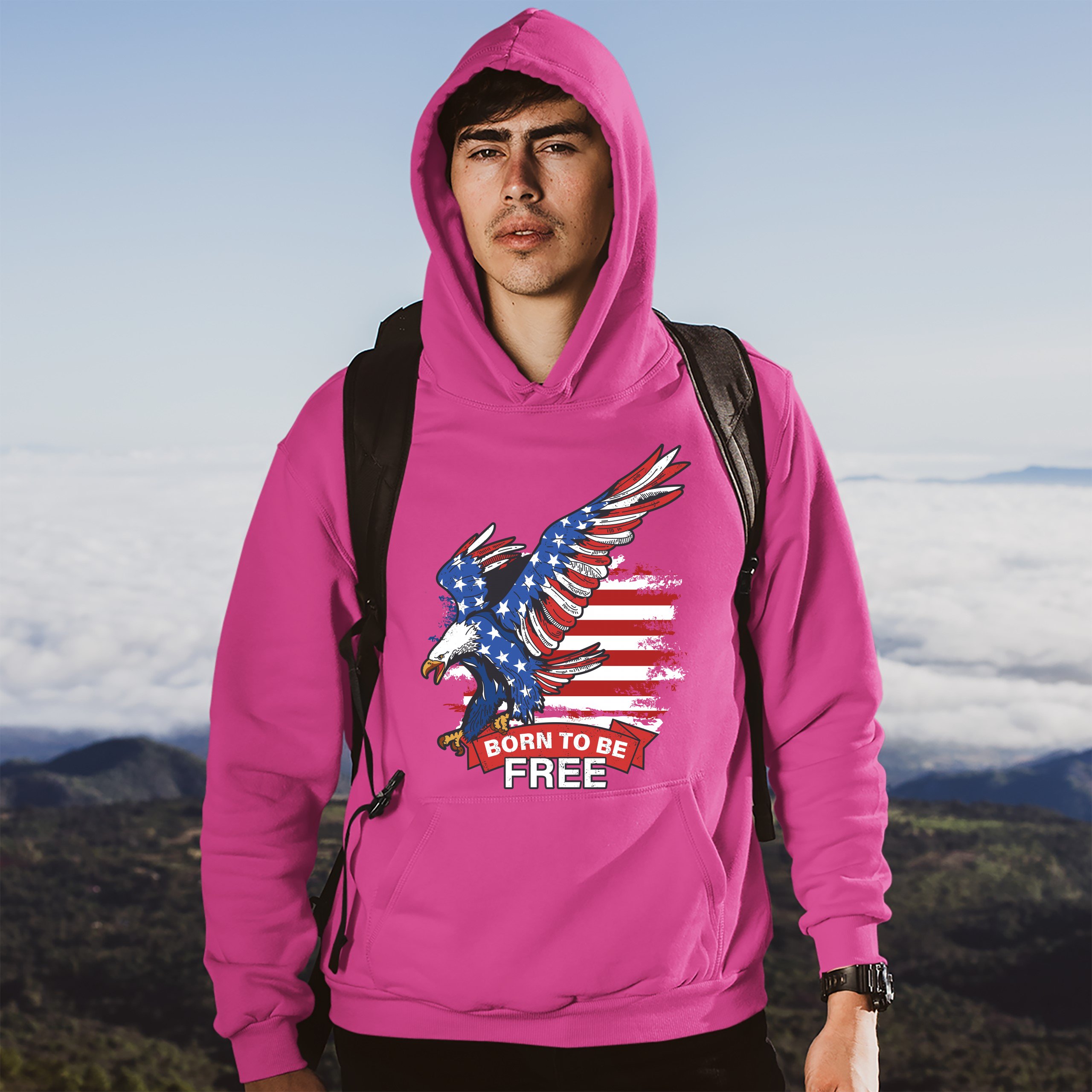 Diving Bald Eagle Sweatshirt Born to Be Free American Flag 4th of July Hoodie - Picture 35 of 36