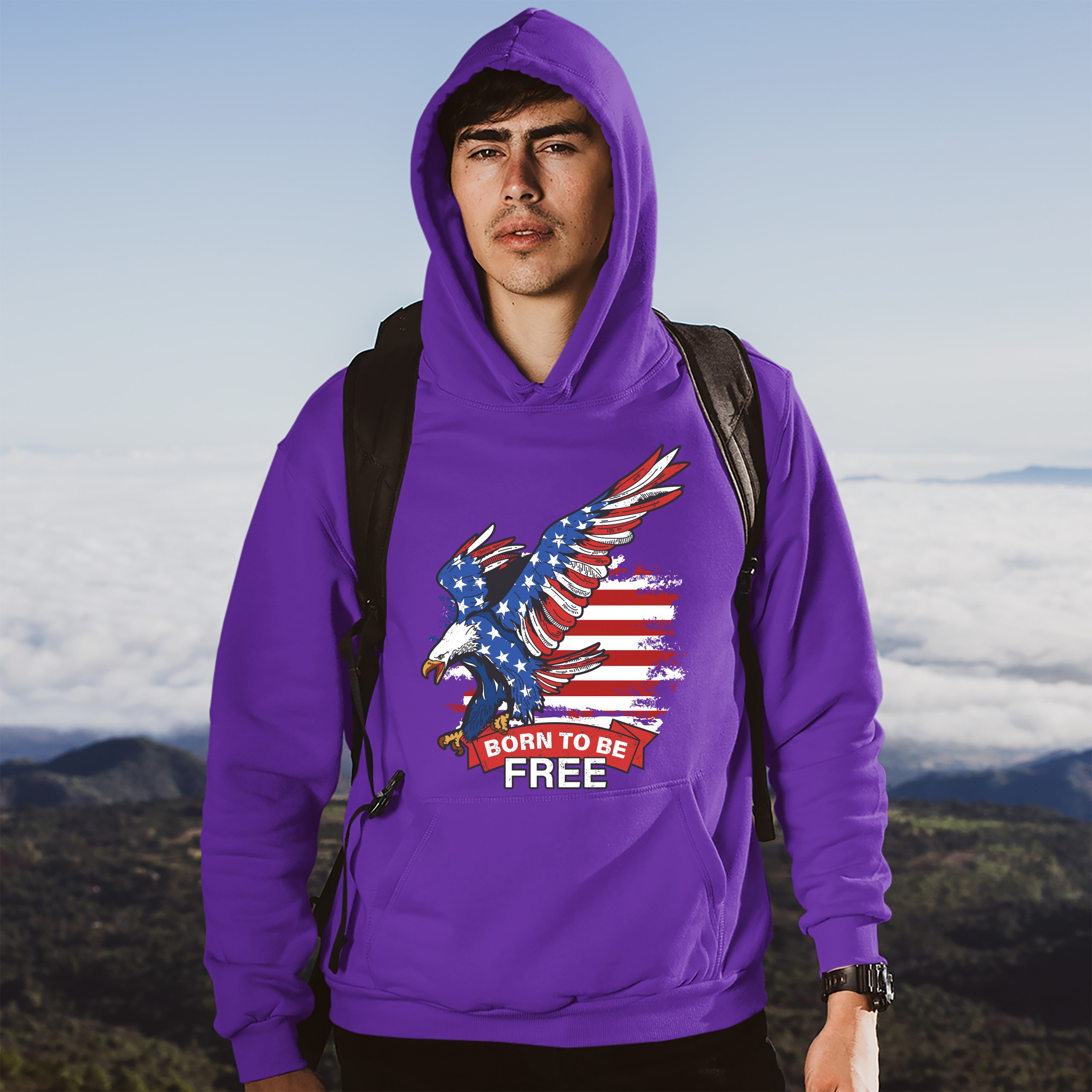 Diving Bald Eagle Sweatshirt Born to Be Free American Flag 4th of July Hoodie - Picture 15 of 36
