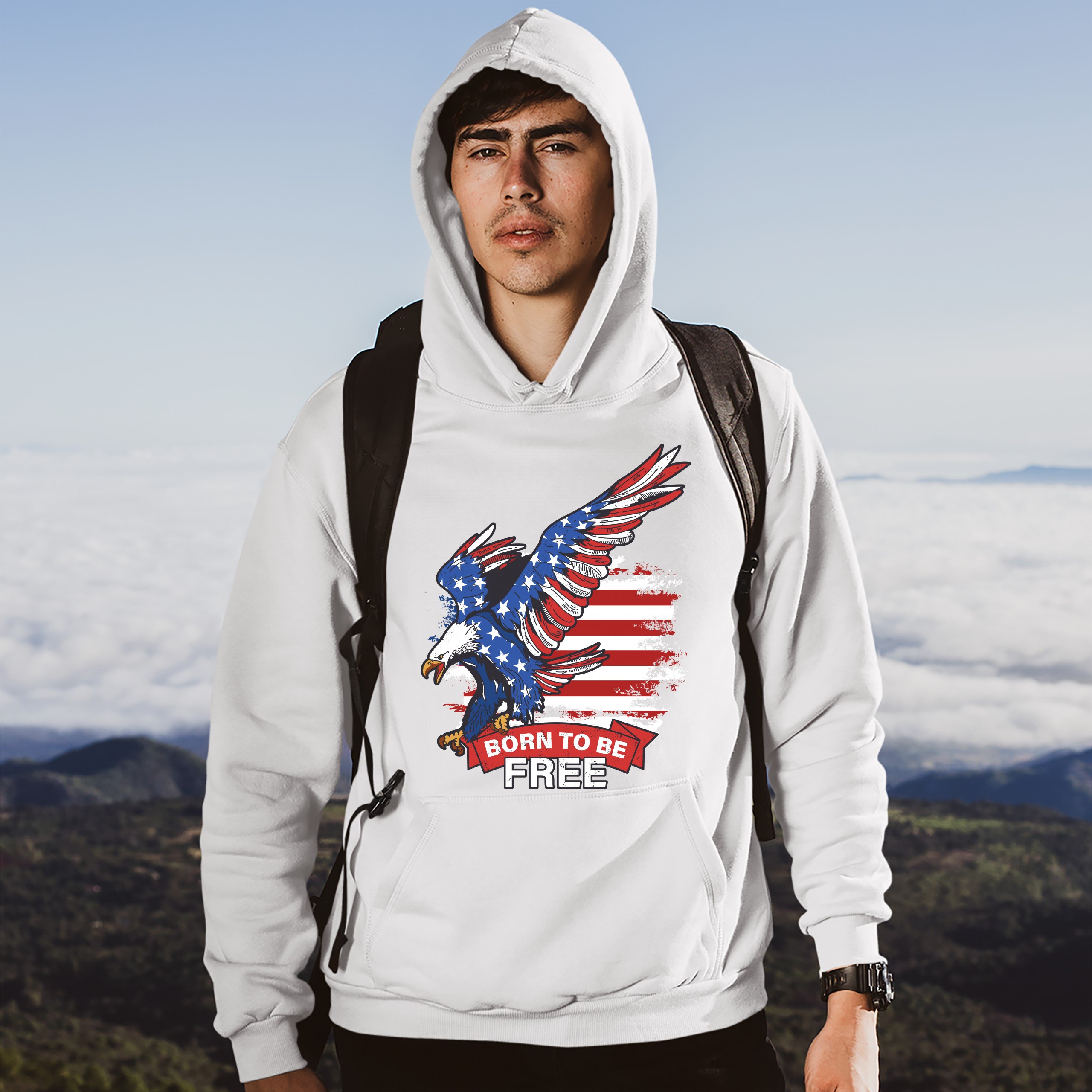 Diving Bald Eagle Sweatshirt Born to Be Free American Flag 4th of July Hoodie - Picture 25 of 36