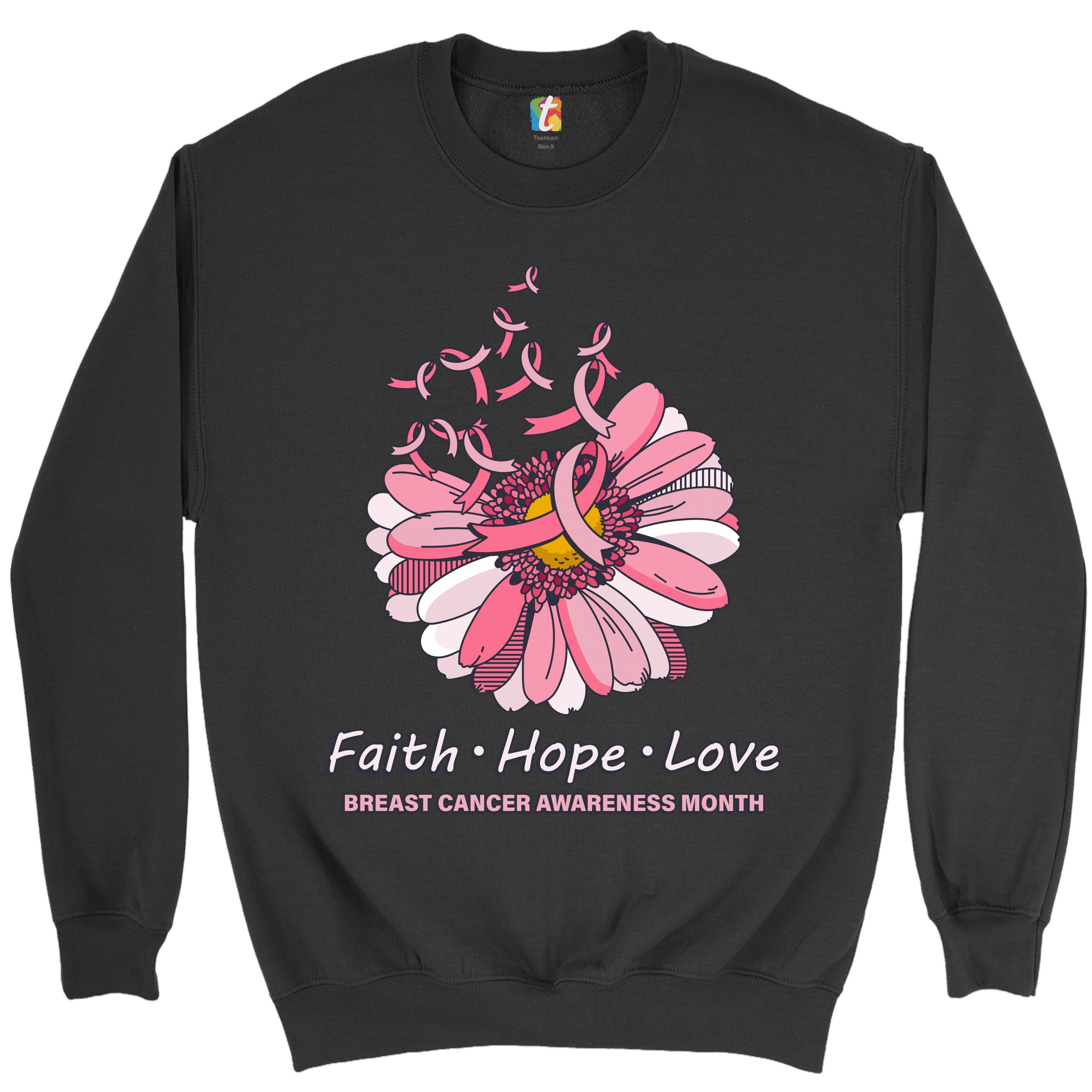 Faith Hope Love Sweatshirt Breast Cancer Awareness Month Ribbon Flower Crewneck - Picture 7 of 36
