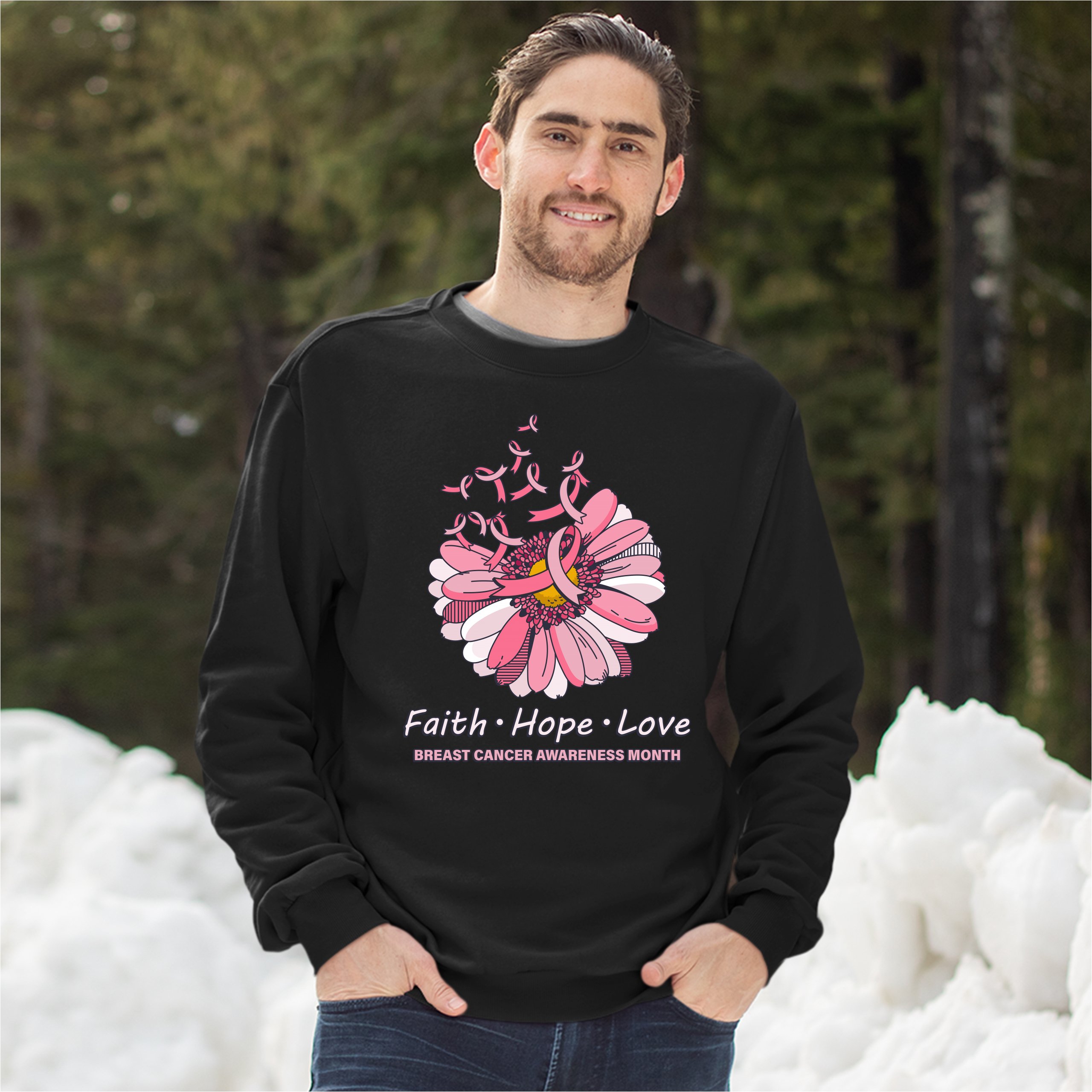 Faith Hope Love Sweatshirt Breast Cancer Awareness Month Ribbon Flower Crewneck - Picture 10 of 36
