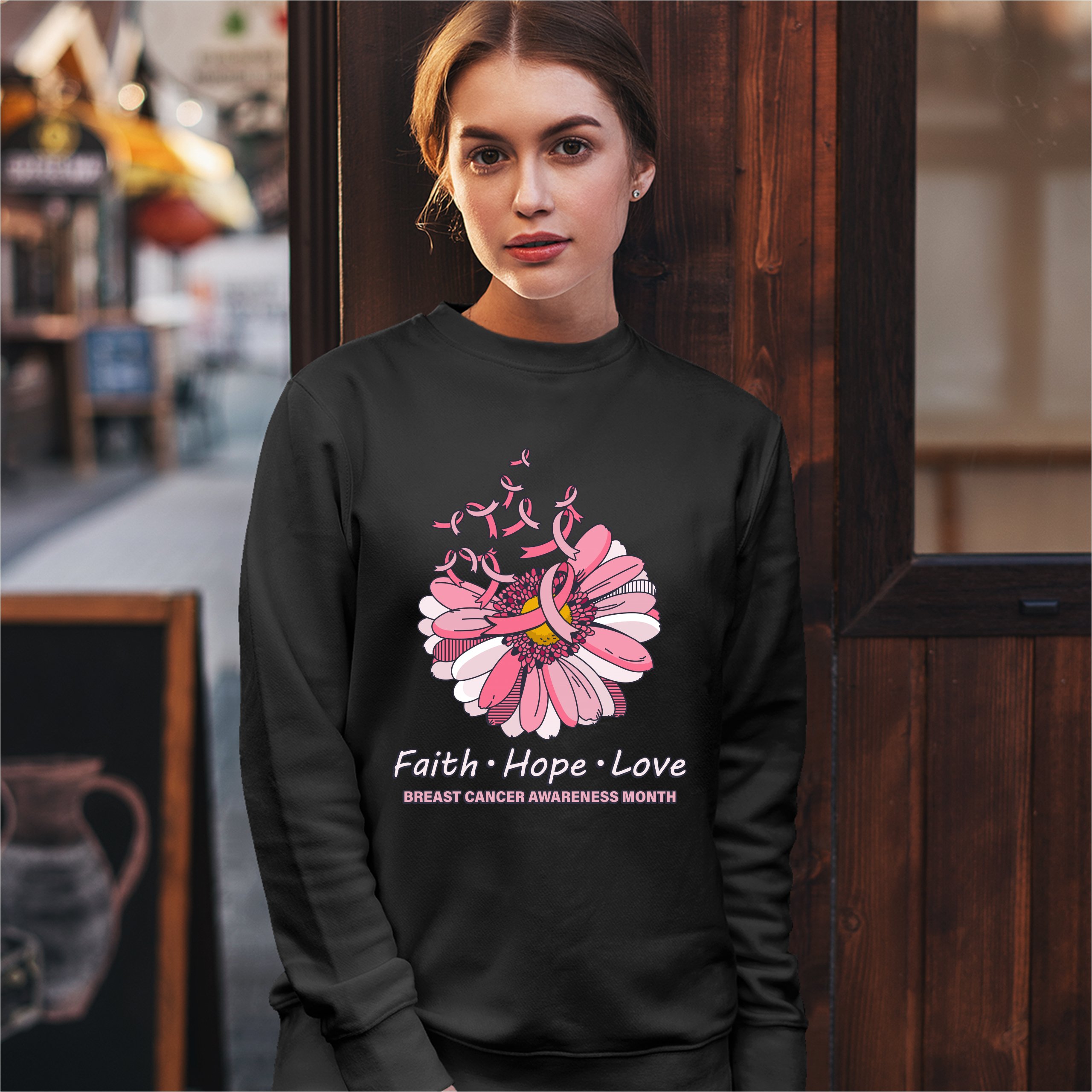 Faith Hope Love Sweatshirt Breast Cancer Awareness Month Ribbon Flower Crewneck - Picture 11 of 36
