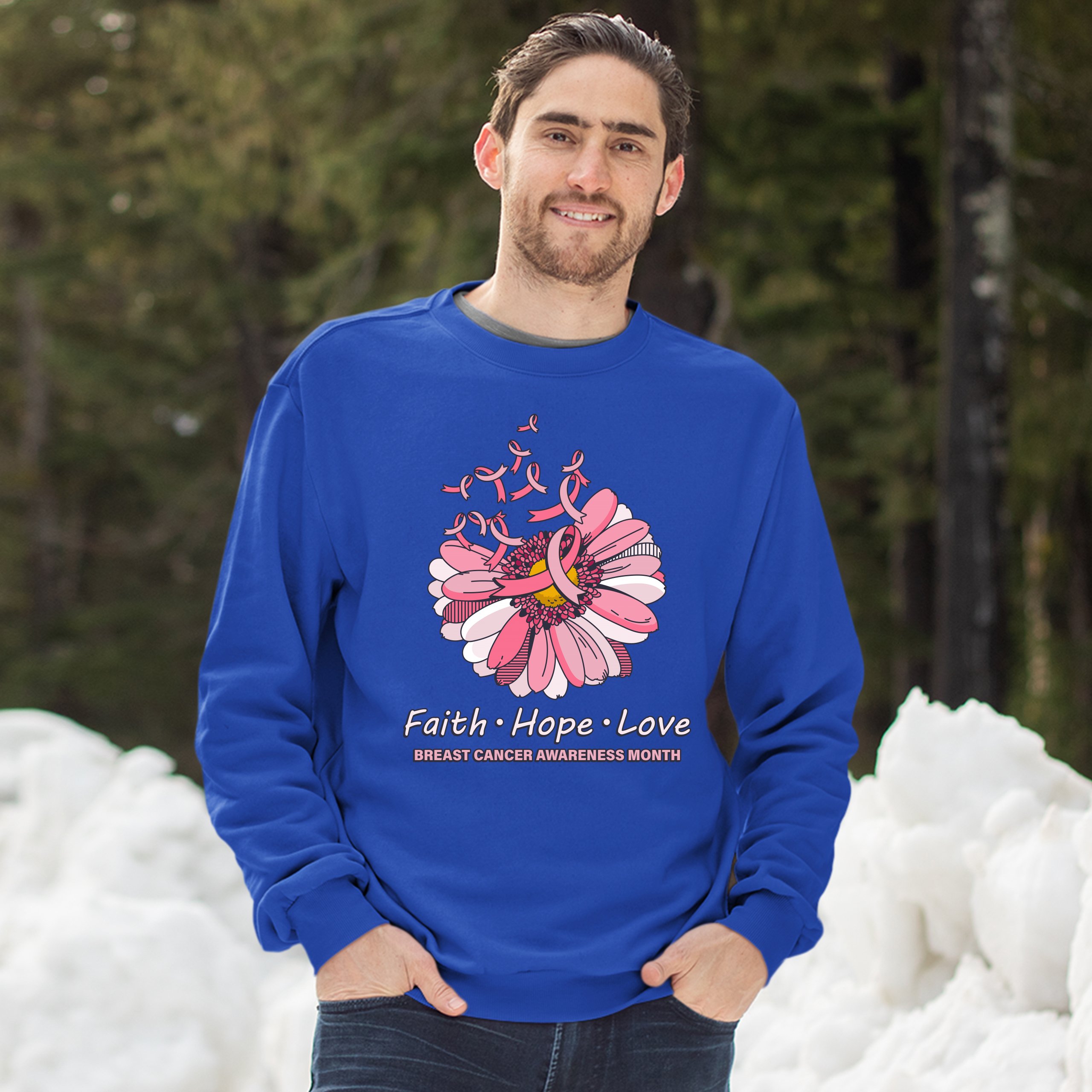 Faith Hope Love Sweatshirt Breast Cancer Awareness Month Ribbon Flower Crewneck - Picture 35 of 36