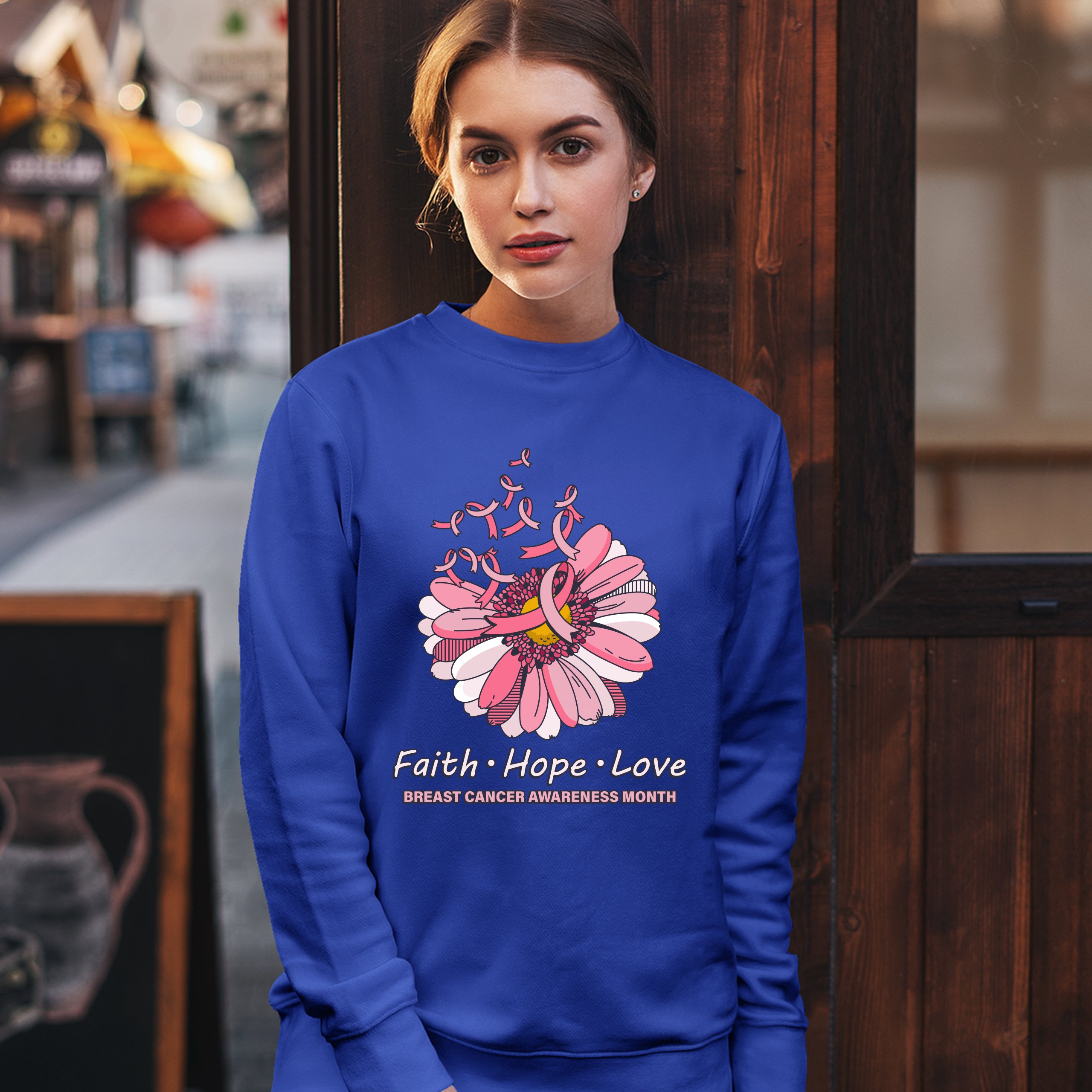 Faith Hope Love Sweatshirt Breast Cancer Awareness Month Ribbon Flower Crewneck - Picture 36 of 36