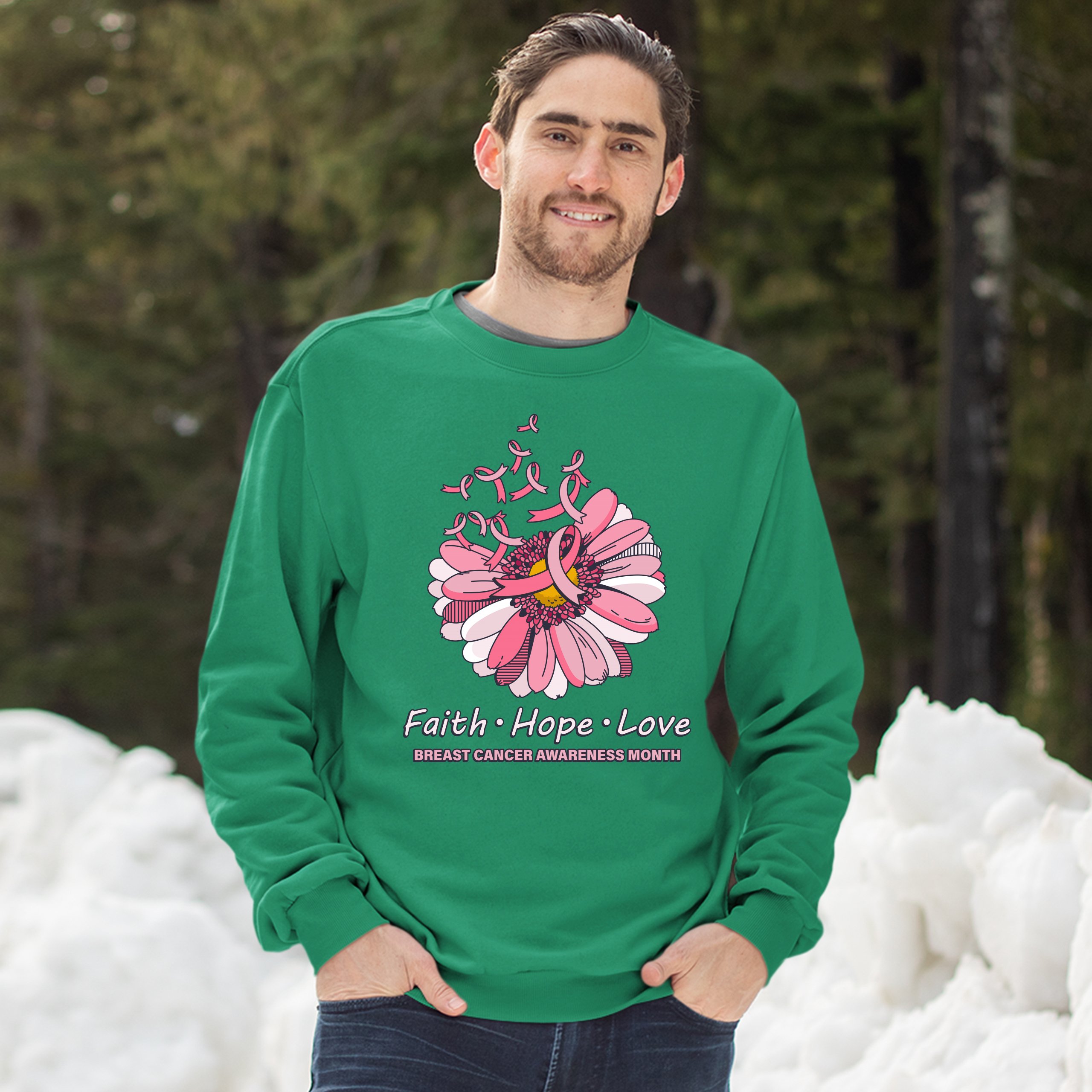 Faith Hope Love Sweatshirt Breast Cancer Awareness Month Ribbon Flower Crewneck - Picture 30 of 36