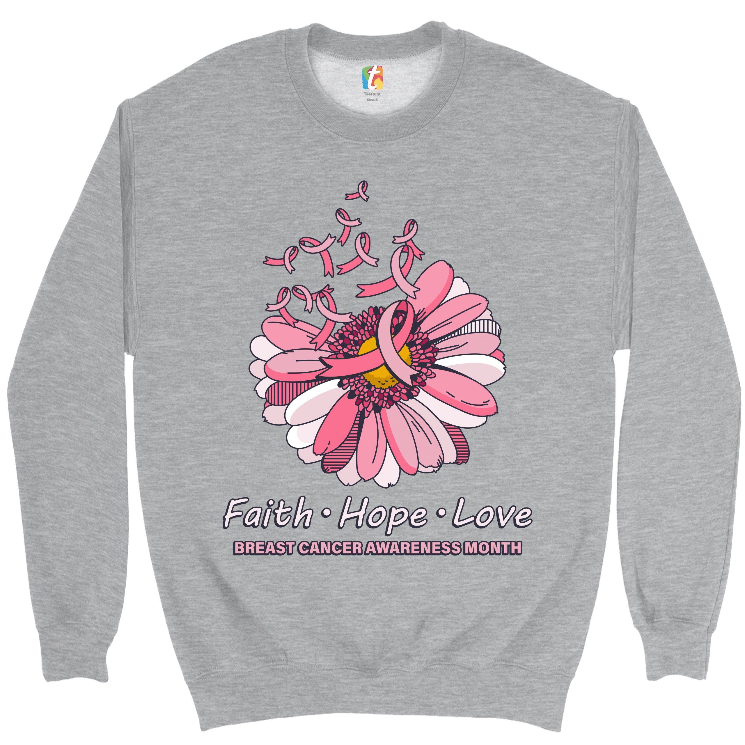 Faith Hope Love Sweatshirt Breast Cancer Awareness Month Ribbon Flower Crewneck - Picture 12 of 36