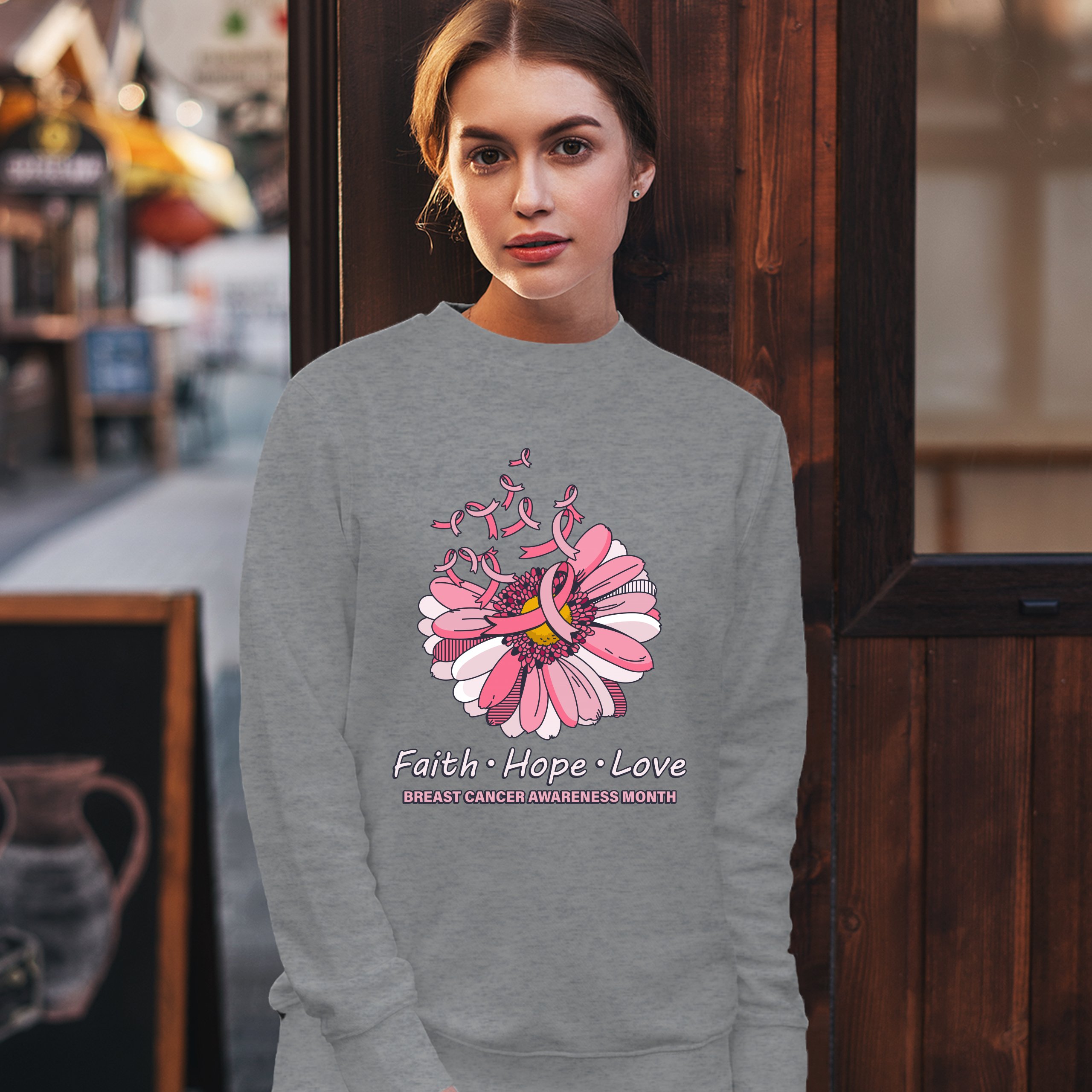 Faith Hope Love Sweatshirt Breast Cancer Awareness Month Ribbon Flower Crewneck - Picture 16 of 36