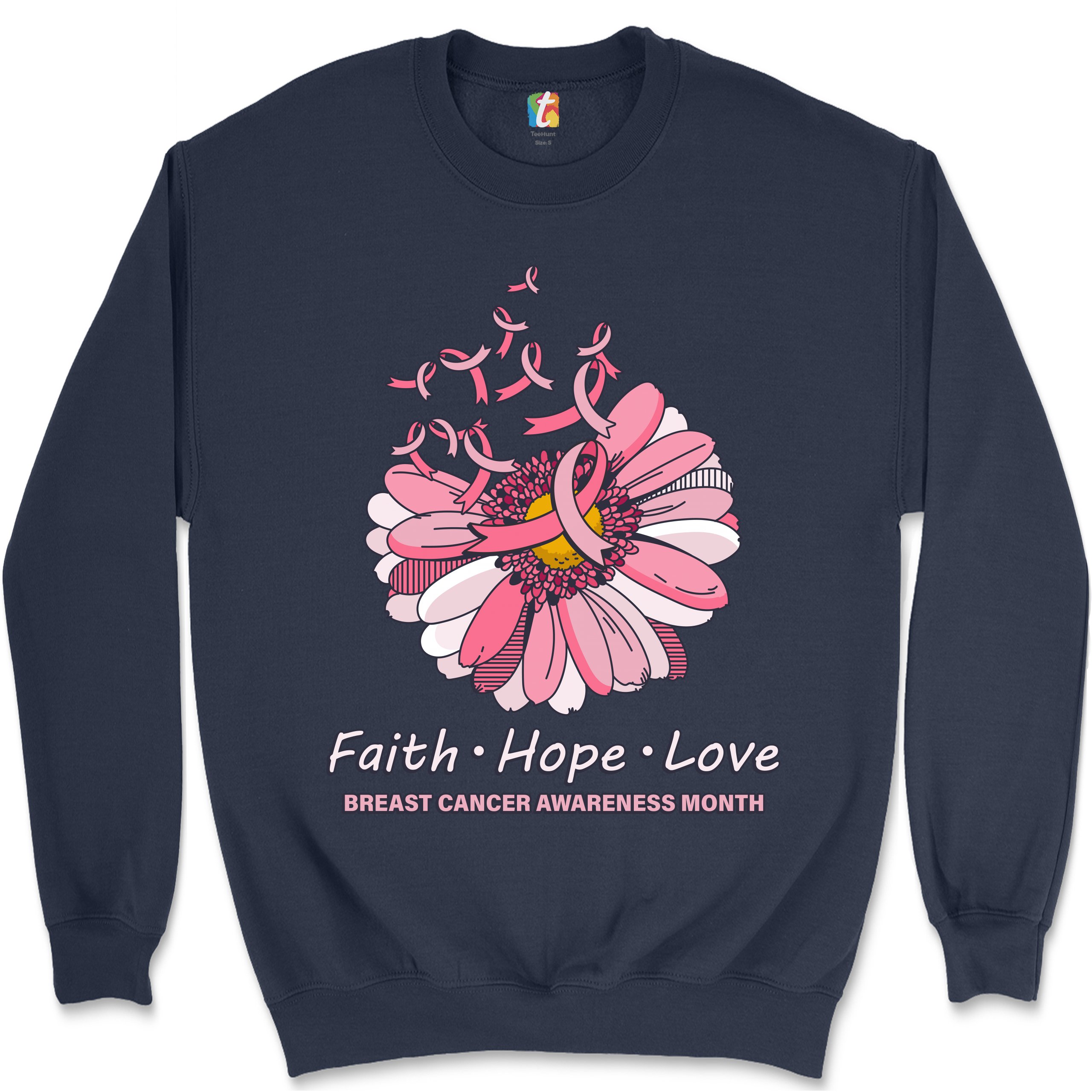Faith Hope Love Sweatshirt Breast Cancer Awareness Month Ribbon Flower Crewneck - Picture 22 of 36
