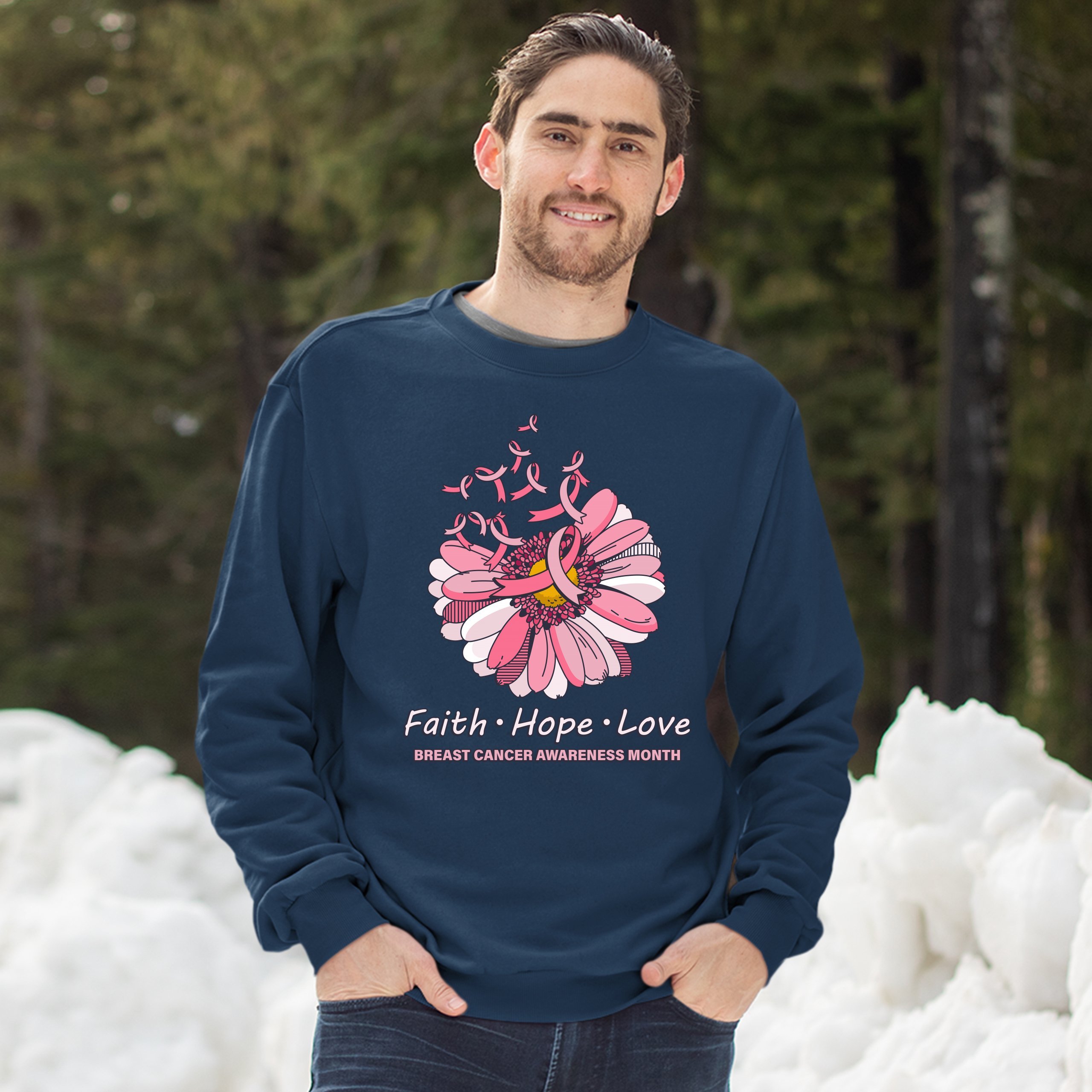 Faith Hope Love Sweatshirt Breast Cancer Awareness Month Ribbon Flower Crewneck - Picture 25 of 36