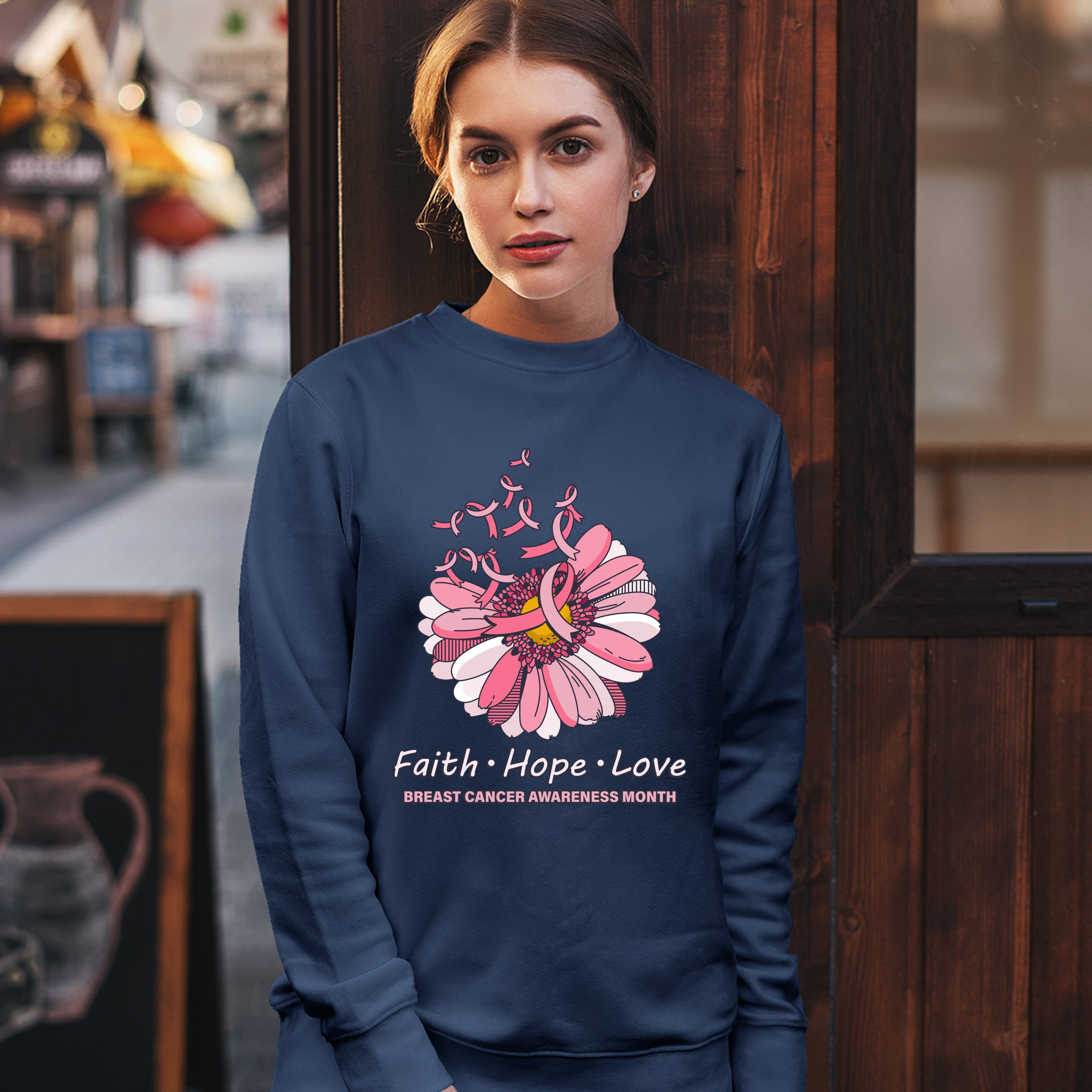 Faith Hope Love Sweatshirt Breast Cancer Awareness Month Ribbon Flower Crewneck - Picture 26 of 36