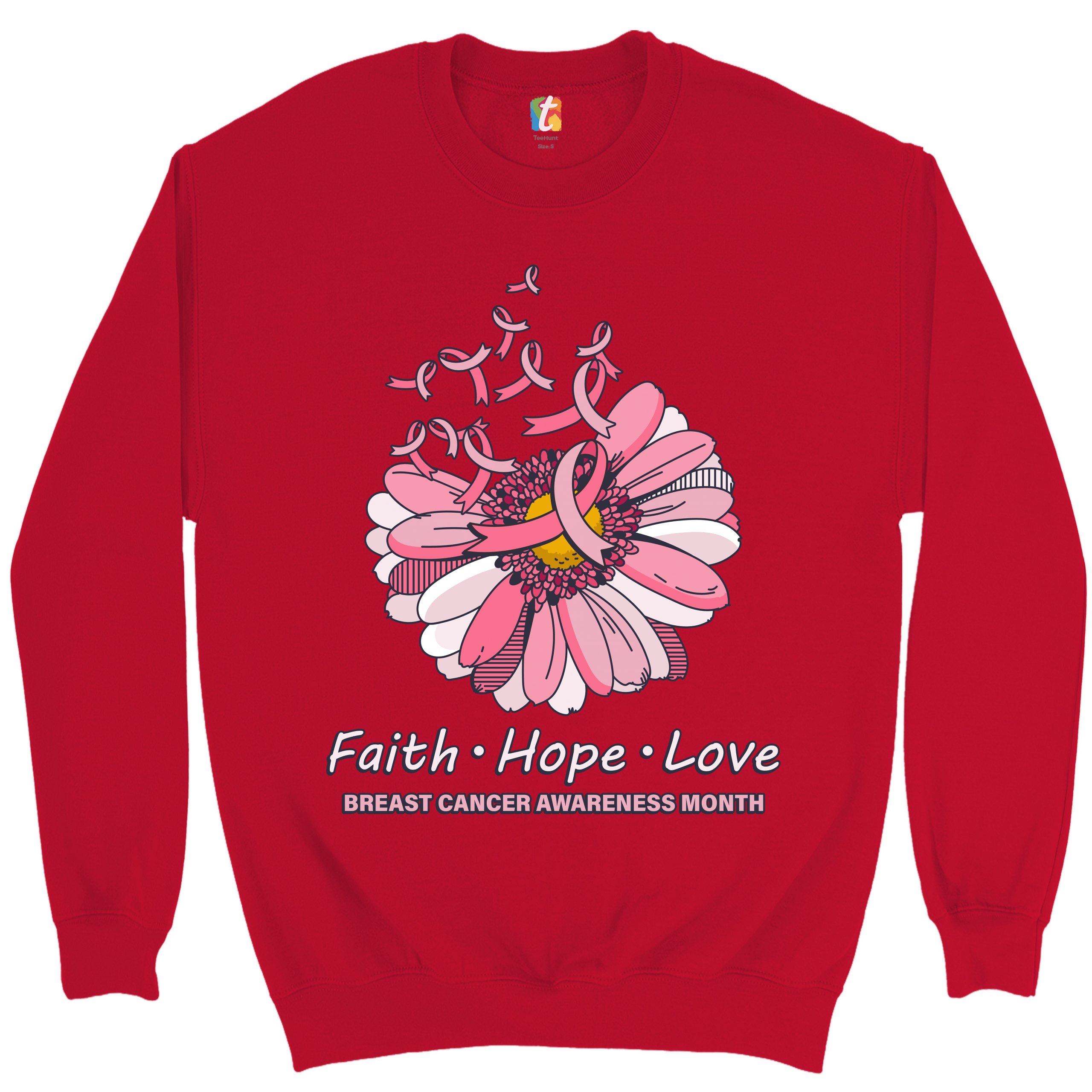Faith Hope Love Sweatshirt Breast Cancer Awareness Month Ribbon Flower Crewneck - Picture 17 of 36