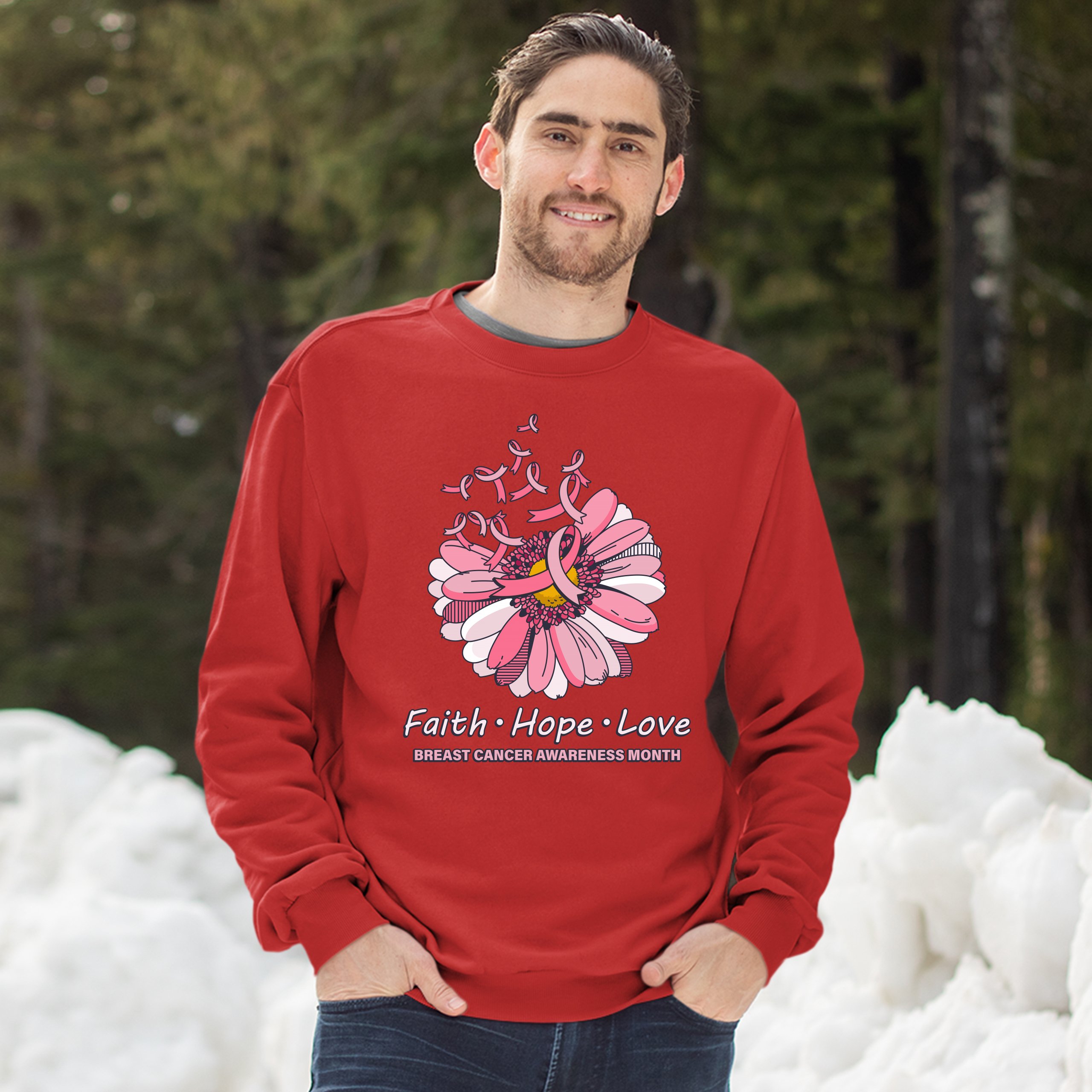 Faith Hope Love Sweatshirt Breast Cancer Awareness Month Ribbon Flower Crewneck - Picture 20 of 36