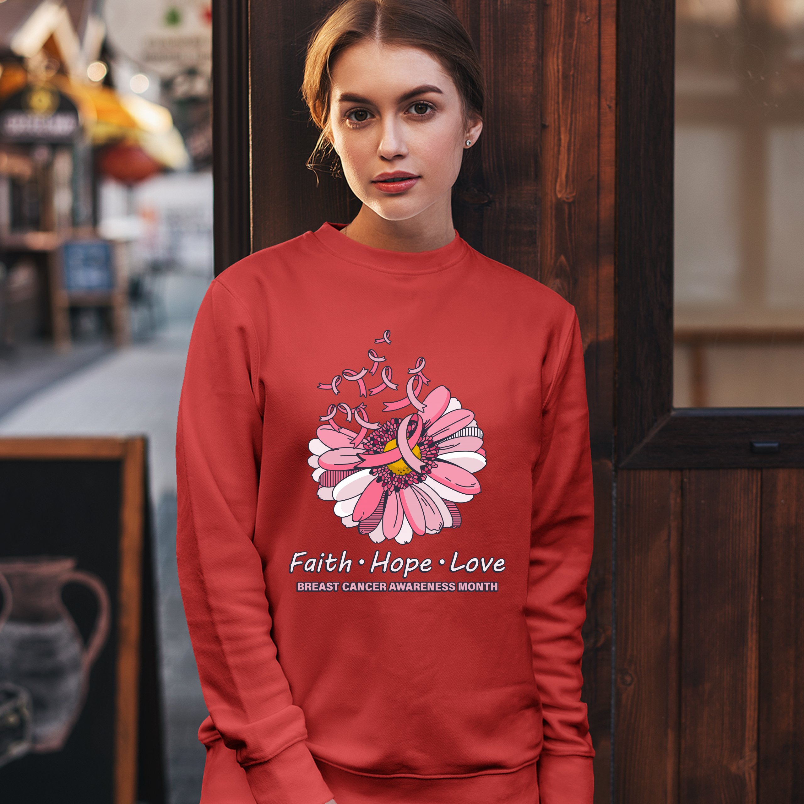 Faith Hope Love Sweatshirt Breast Cancer Awareness Month Ribbon Flower Crewneck - Picture 21 of 36