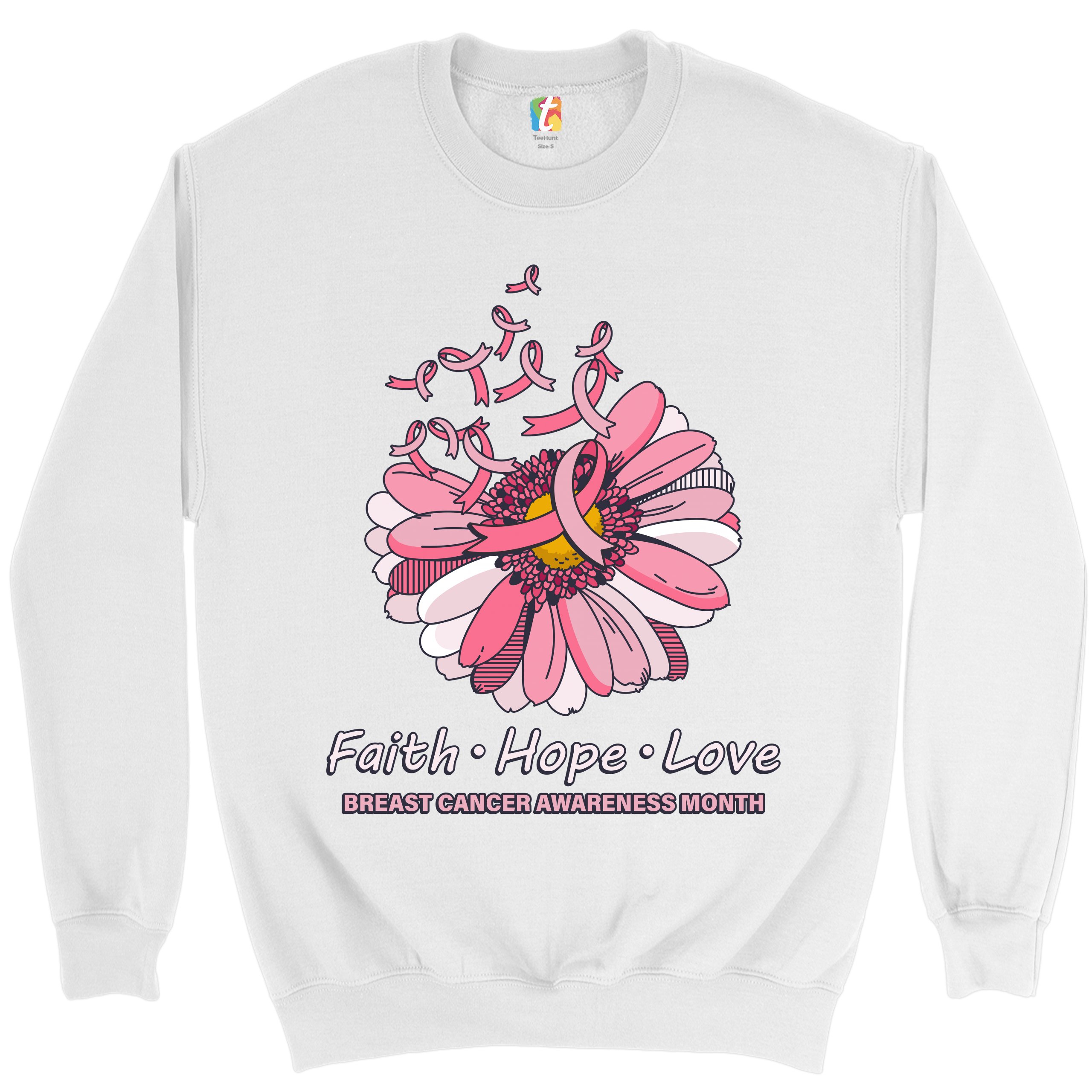 Faith Hope Love Sweatshirt Breast Cancer Awareness Month Ribbon Flower Crewneck - Picture 2 of 36