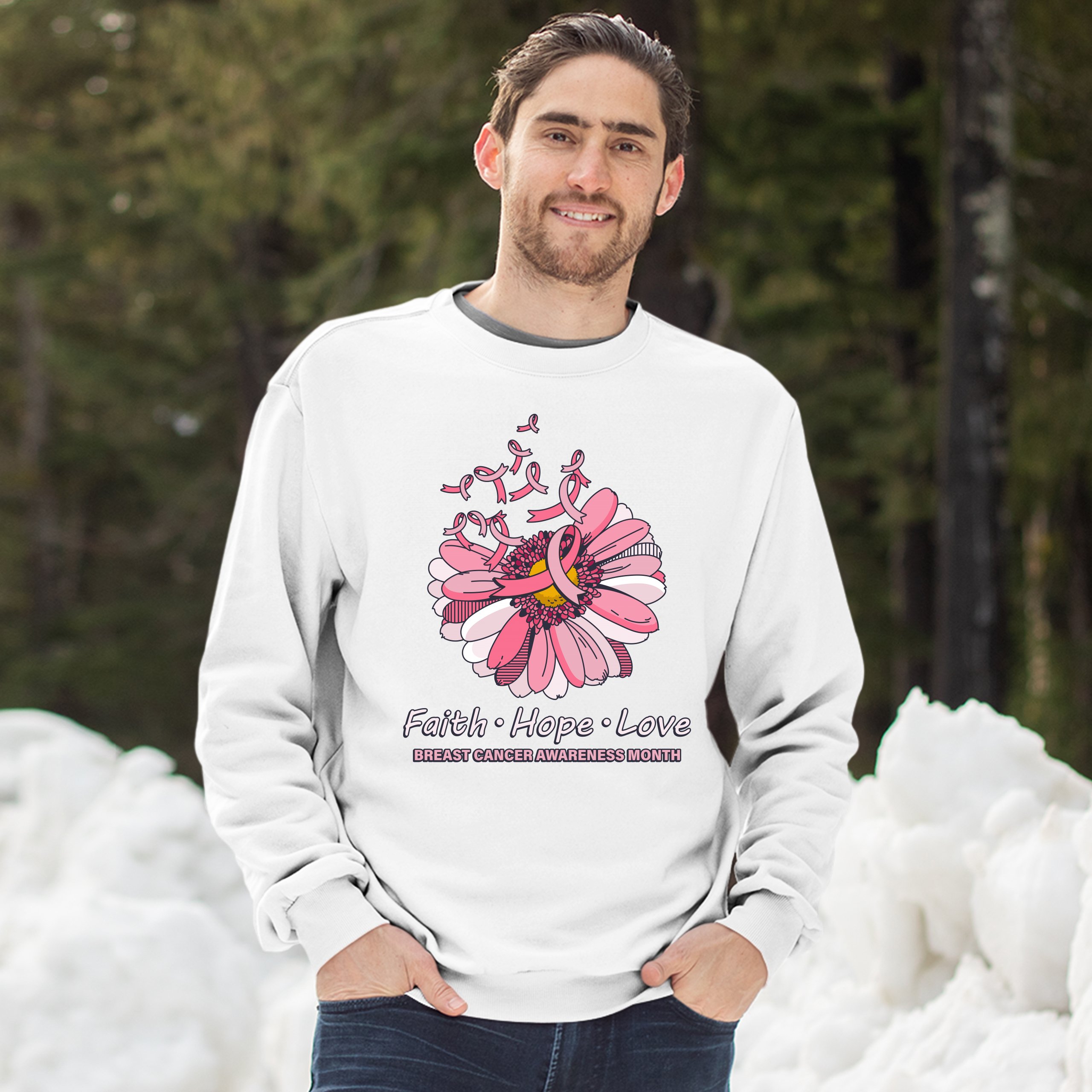 Faith Hope Love Sweatshirt Breast Cancer Awareness Month Ribbon Flower Crewneck - Picture 5 of 36