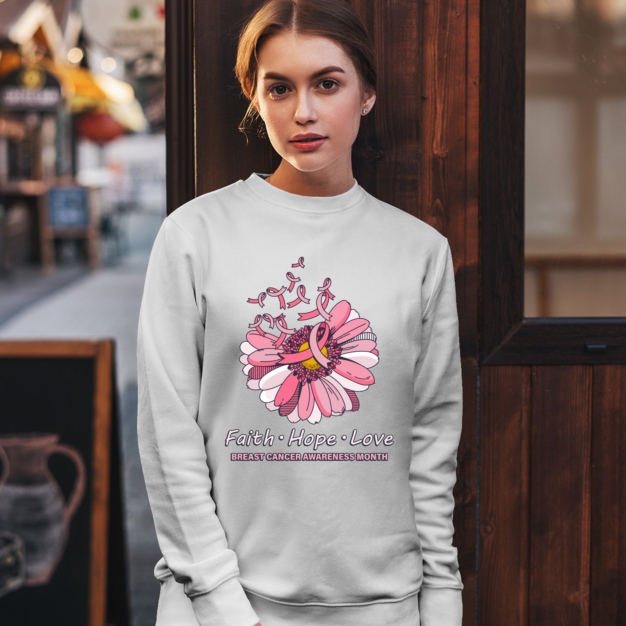 Faith Hope Love Sweatshirt Breast Cancer Awareness Month Ribbon Flower Crewneck - Picture 6 of 36