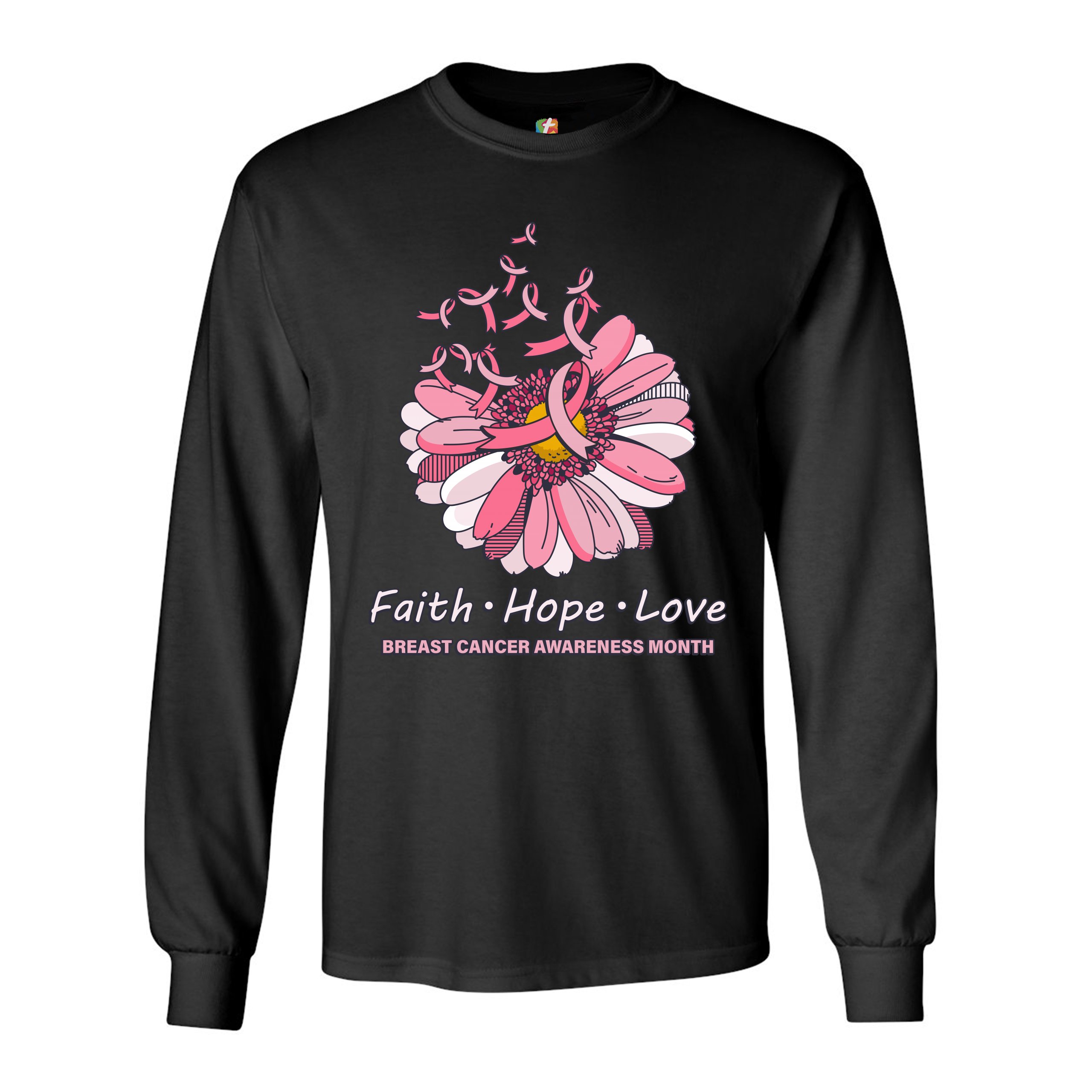 Faith Hope Love Long Sleeve T-shirt Breast Cancer Awareness Month Ribbon Flower - Picture 7 of 45