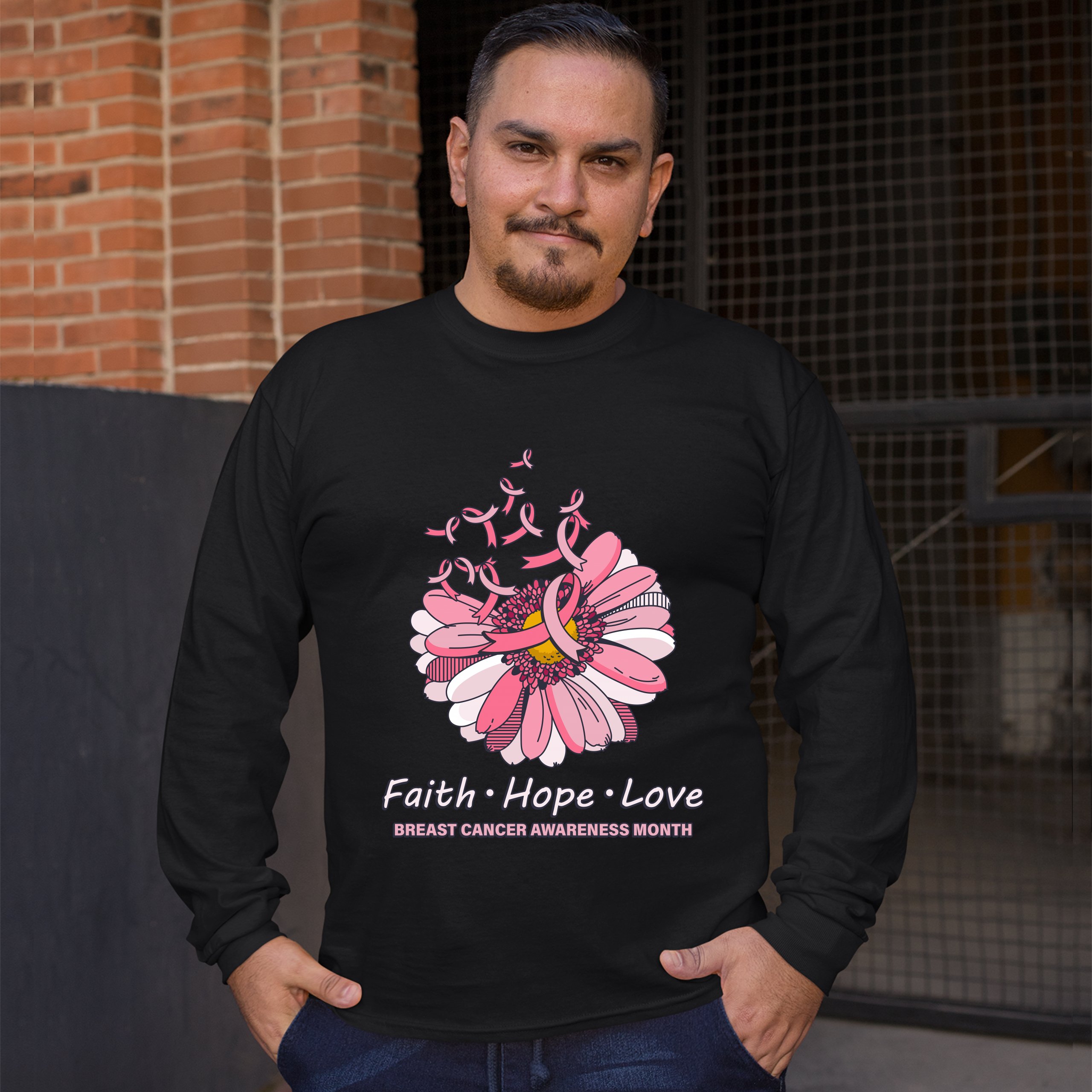 Faith Hope Love Long Sleeve T-shirt Breast Cancer Awareness Month Ribbon Flower - Picture 9 of 45