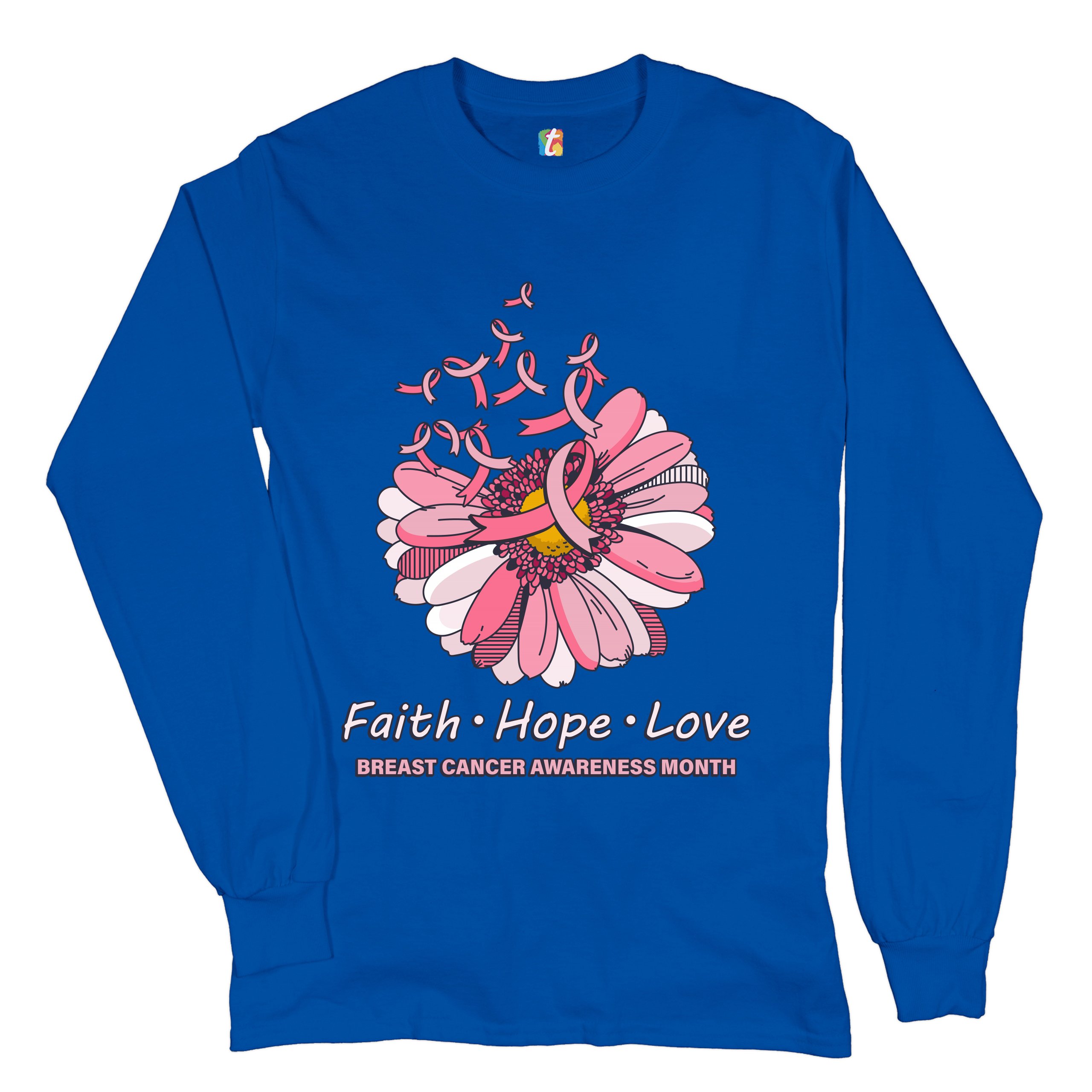 Faith Hope Love Long Sleeve T-shirt Breast Cancer Awareness Month Ribbon Flower - Picture 34 of 45