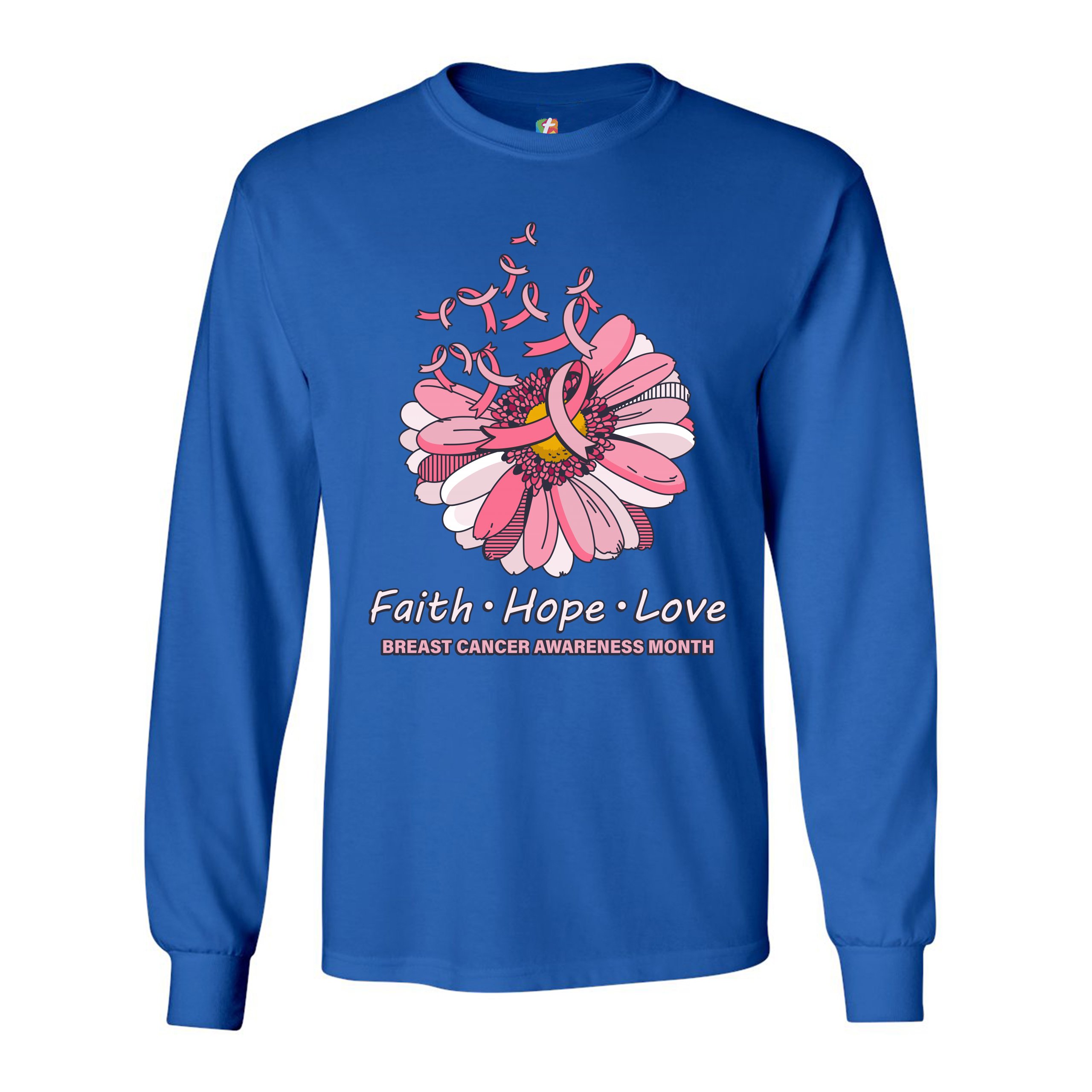 Faith Hope Love Long Sleeve T-shirt Breast Cancer Awareness Month Ribbon Flower - Picture 35 of 45