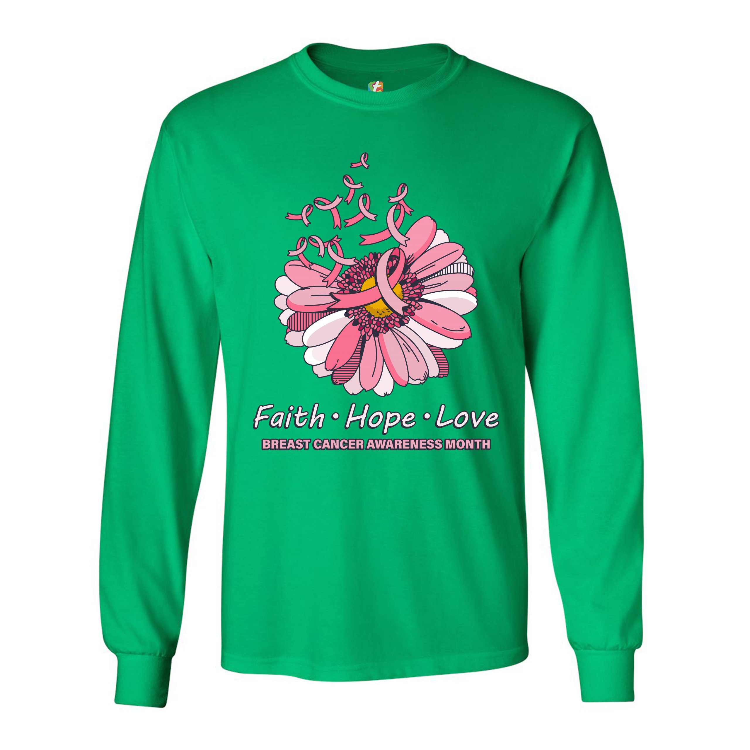 Faith Hope Love Long Sleeve T-shirt Breast Cancer Awareness Month Ribbon Flower - Picture 27 of 45