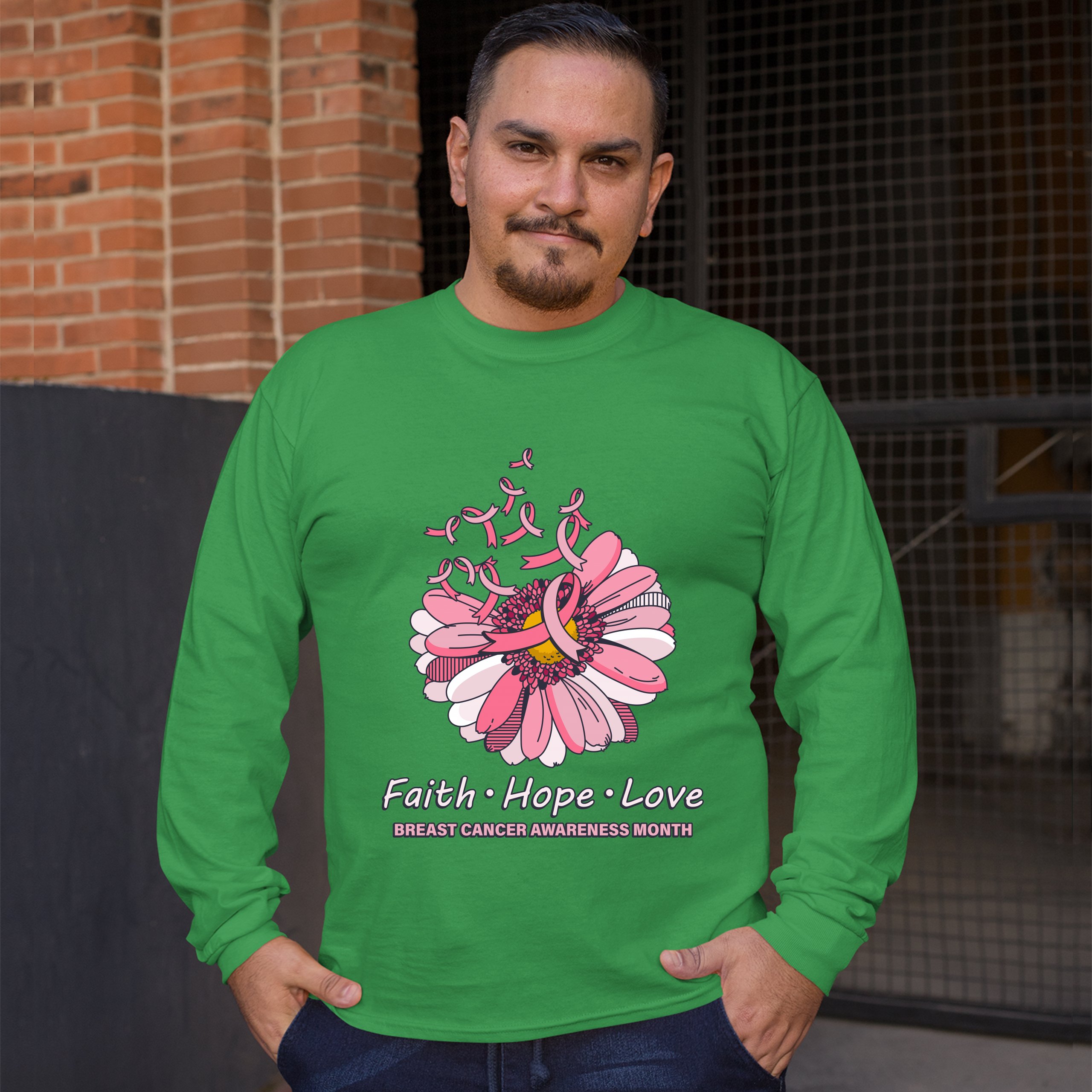 Faith Hope Love Long Sleeve T-shirt Breast Cancer Awareness Month Ribbon Flower - Picture 29 of 45