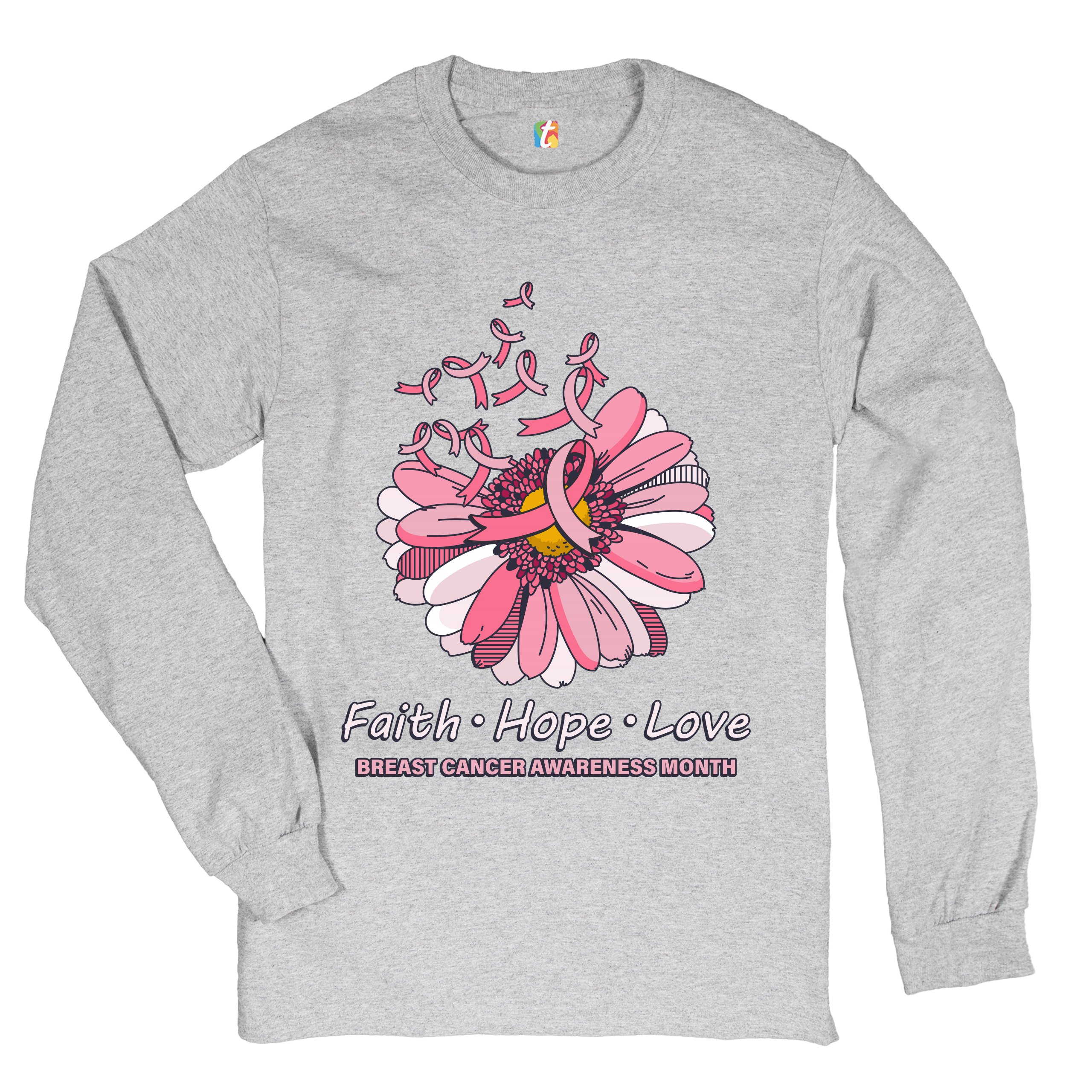 Faith Hope Love Long Sleeve T-shirt Breast Cancer Awareness Month Ribbon Flower - Picture 10 of 45