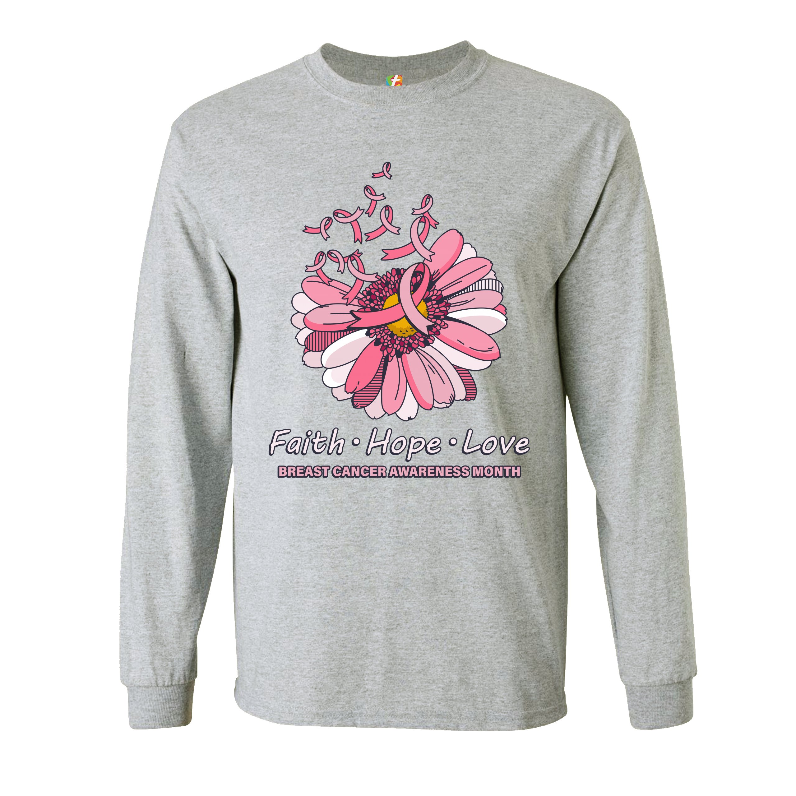 Faith Hope Love Long Sleeve T-shirt Breast Cancer Awareness Month Ribbon Flower - Picture 11 of 45