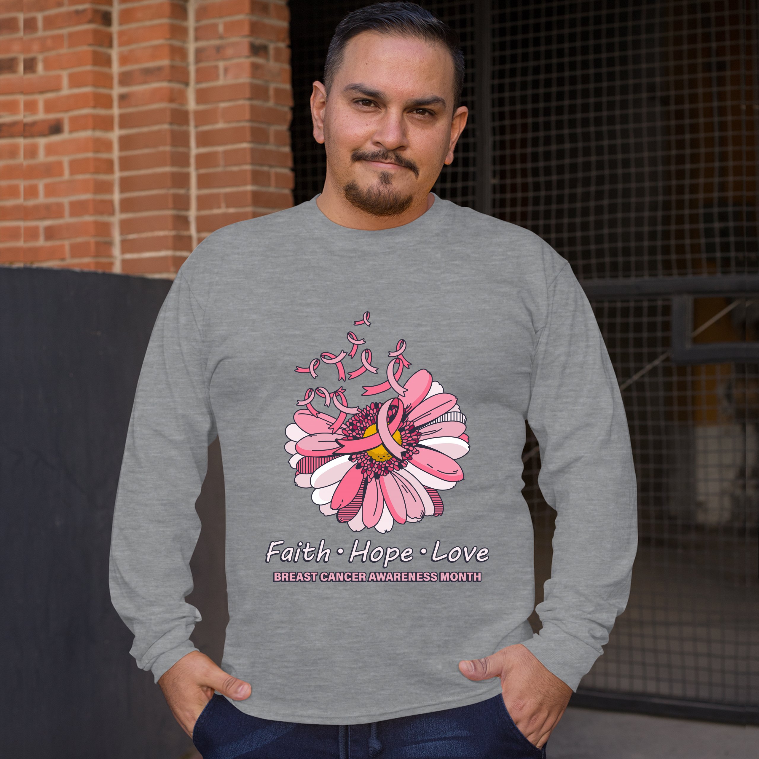 Faith Hope Love Long Sleeve T-shirt Breast Cancer Awareness Month Ribbon Flower - Picture 13 of 45