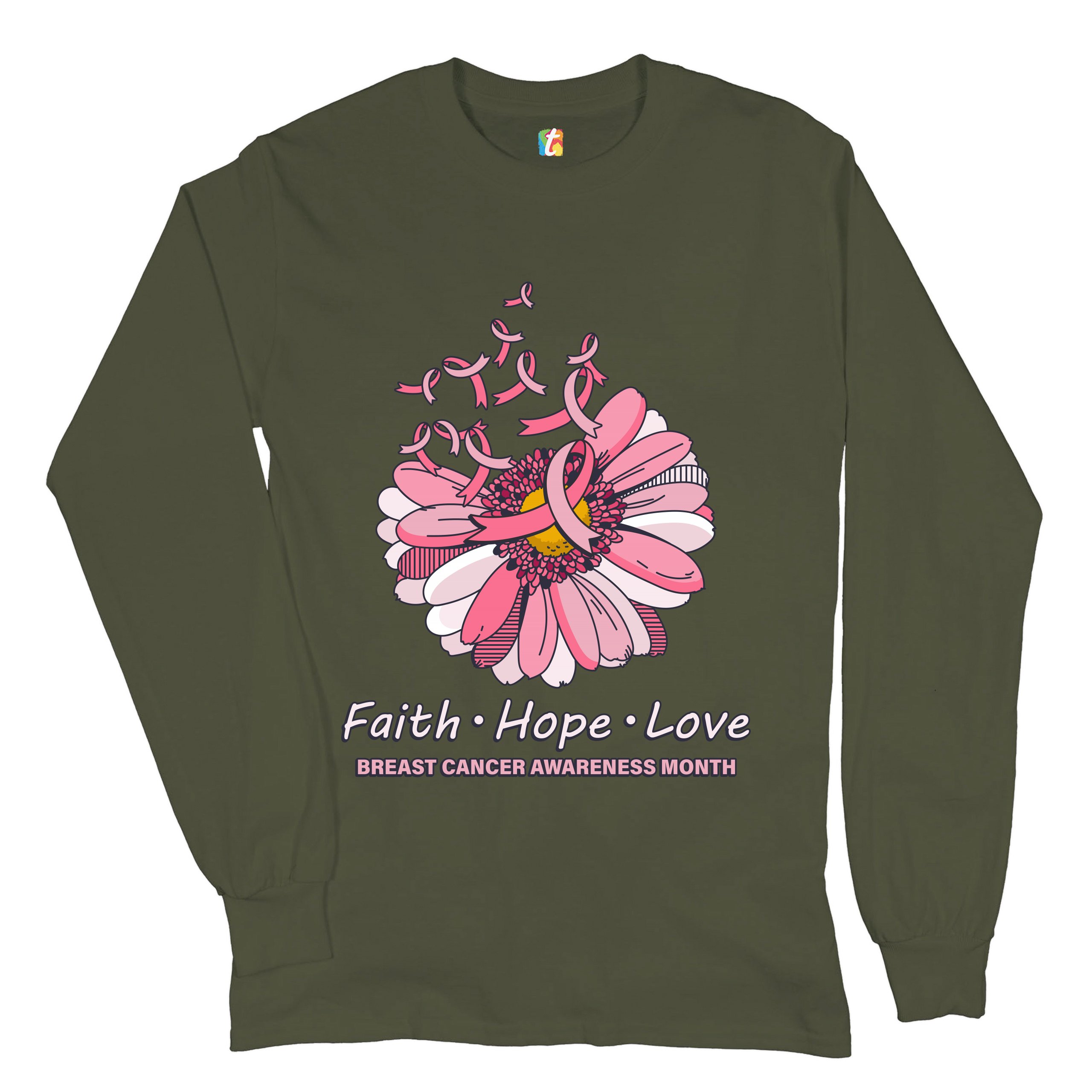 Faith Hope Love Long Sleeve T-shirt Breast Cancer Awareness Month Ribbon Flower - Picture 30 of 45