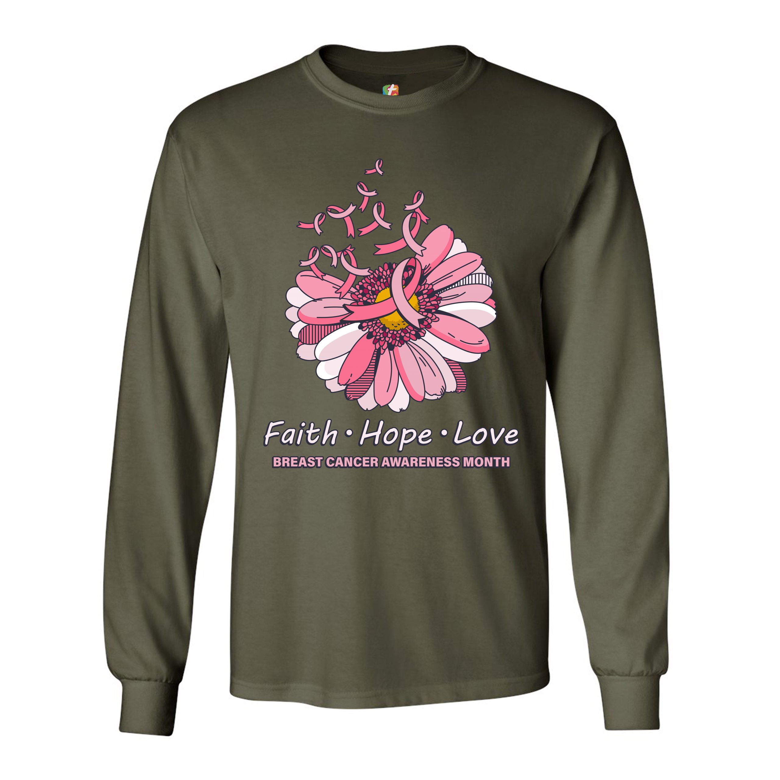 Faith Hope Love Long Sleeve T-shirt Breast Cancer Awareness Month Ribbon Flower - Picture 31 of 45