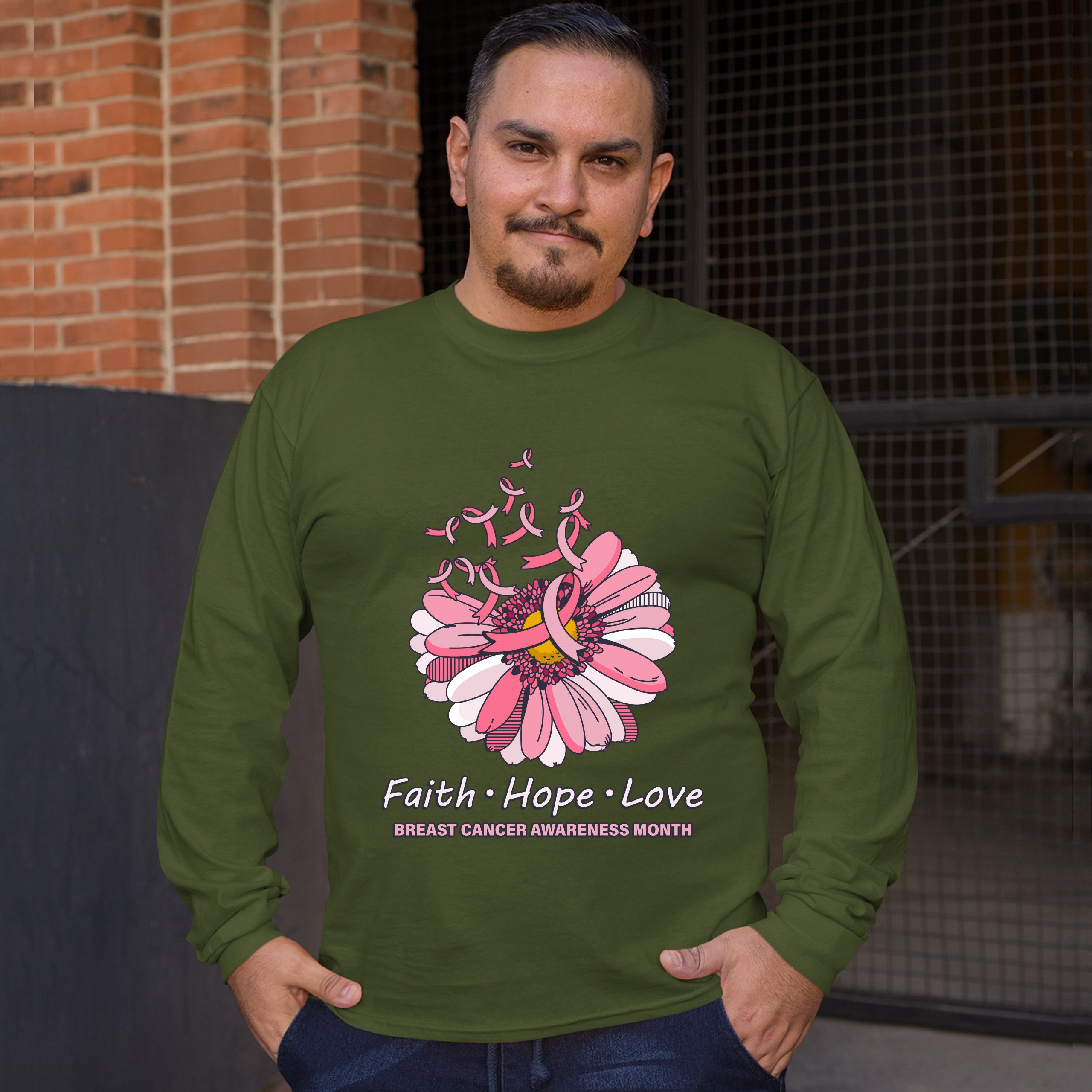 Faith Hope Love Long Sleeve T-shirt Breast Cancer Awareness Month Ribbon Flower - Picture 33 of 45