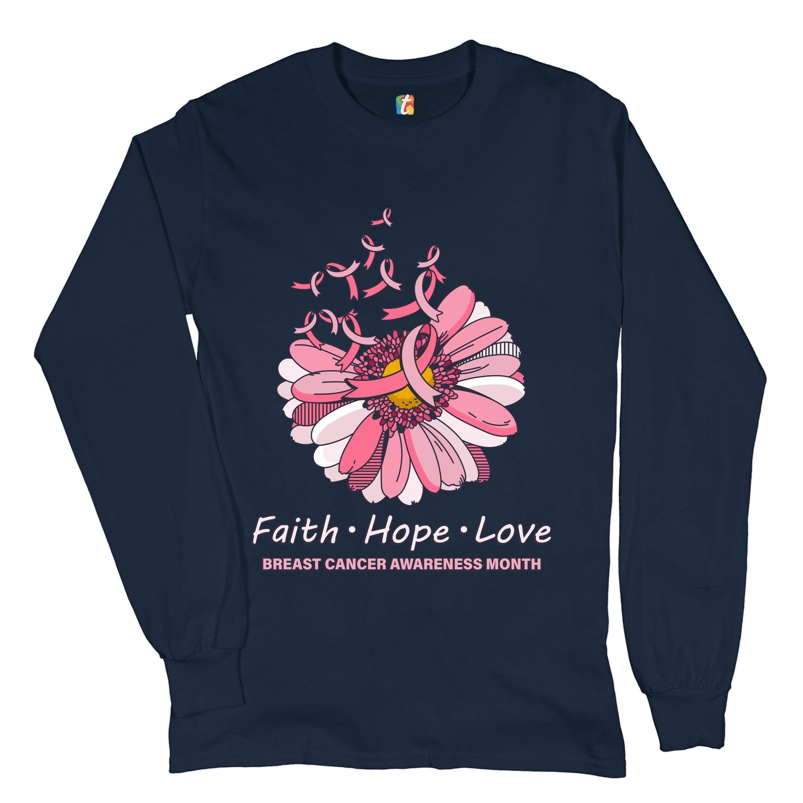 Faith Hope Love Long Sleeve T-shirt Breast Cancer Awareness Month Ribbon Flower - Picture 22 of 45