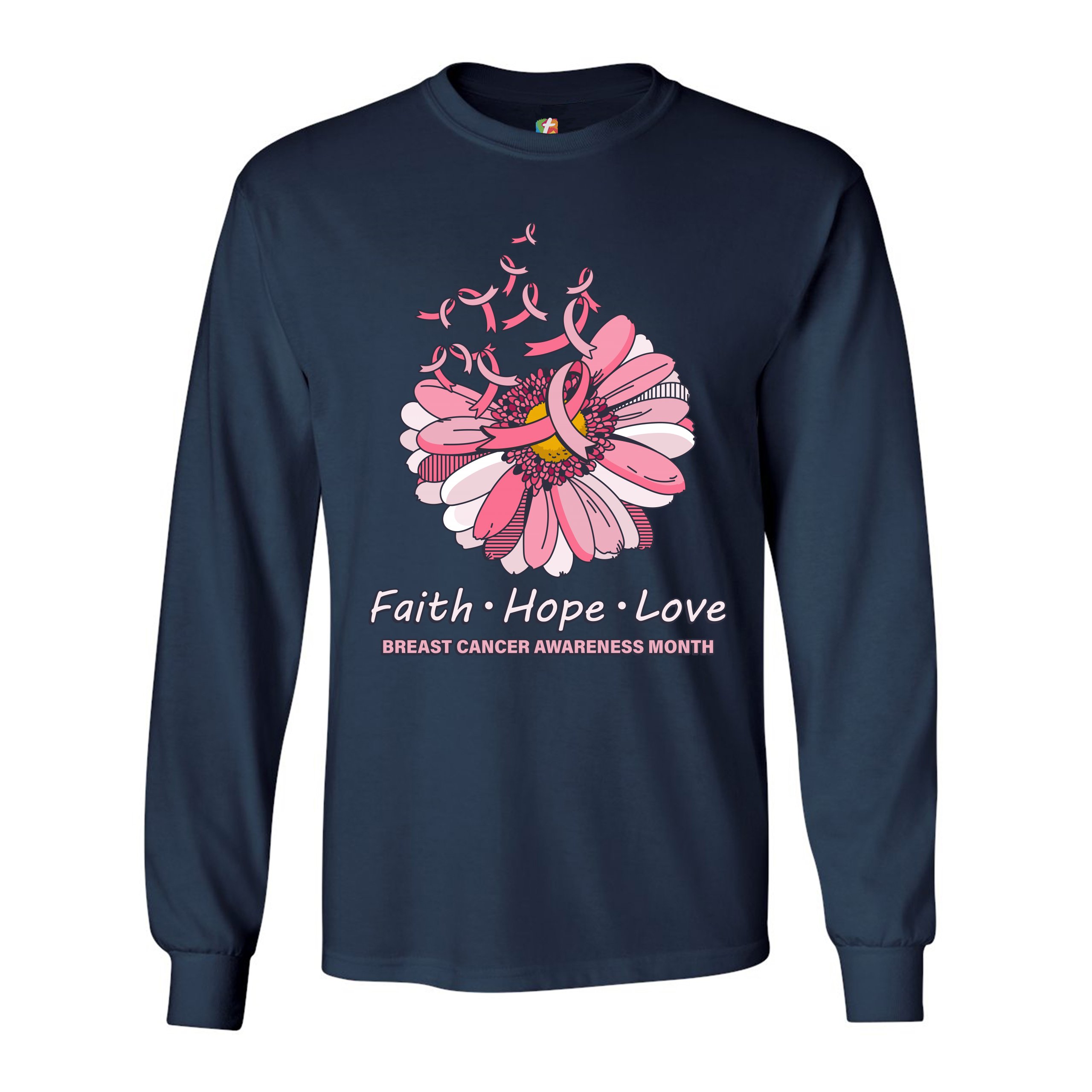 Faith Hope Love Long Sleeve T-shirt Breast Cancer Awareness Month Ribbon Flower - Picture 23 of 45
