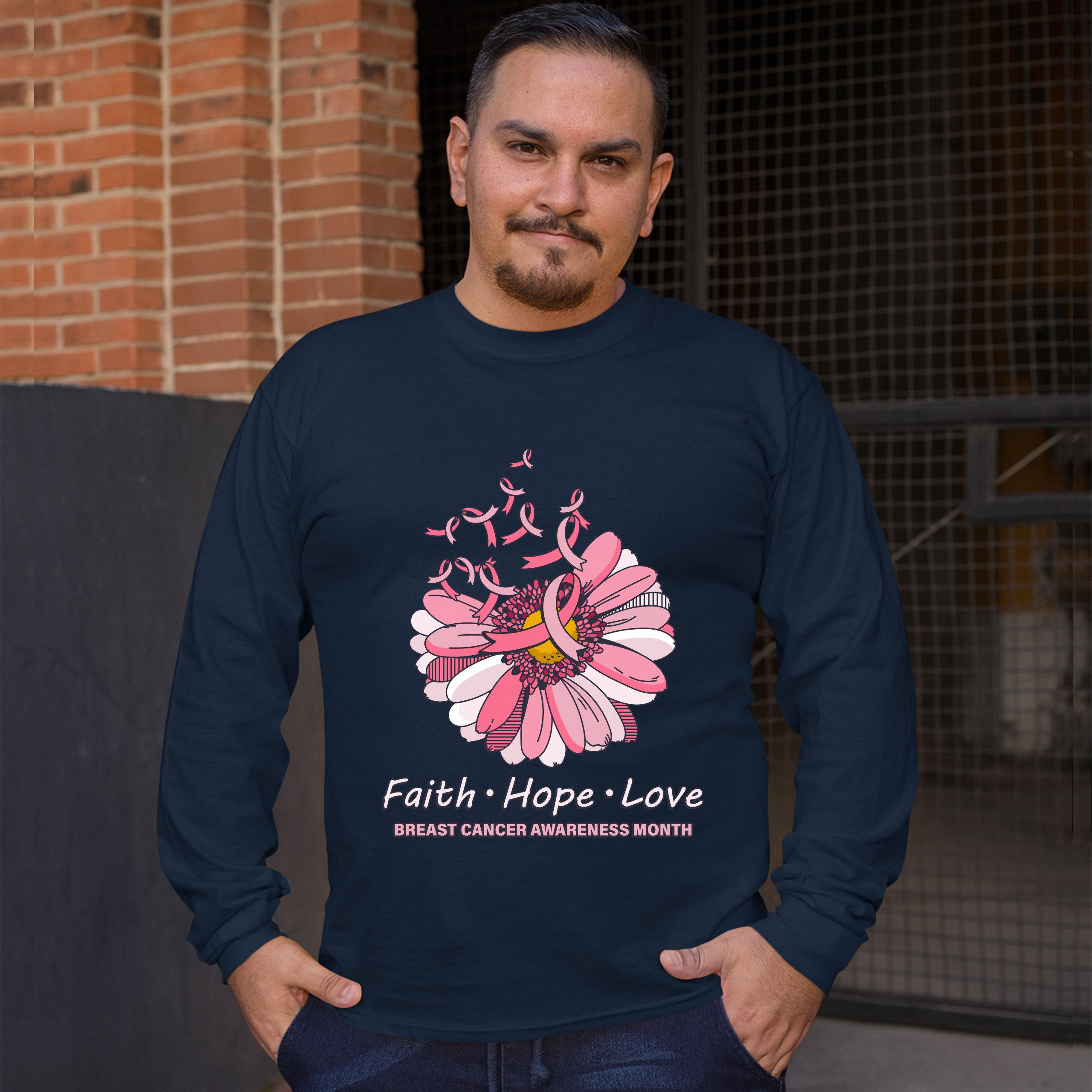 Faith Hope Love Long Sleeve T-shirt Breast Cancer Awareness Month Ribbon Flower - Picture 25 of 45