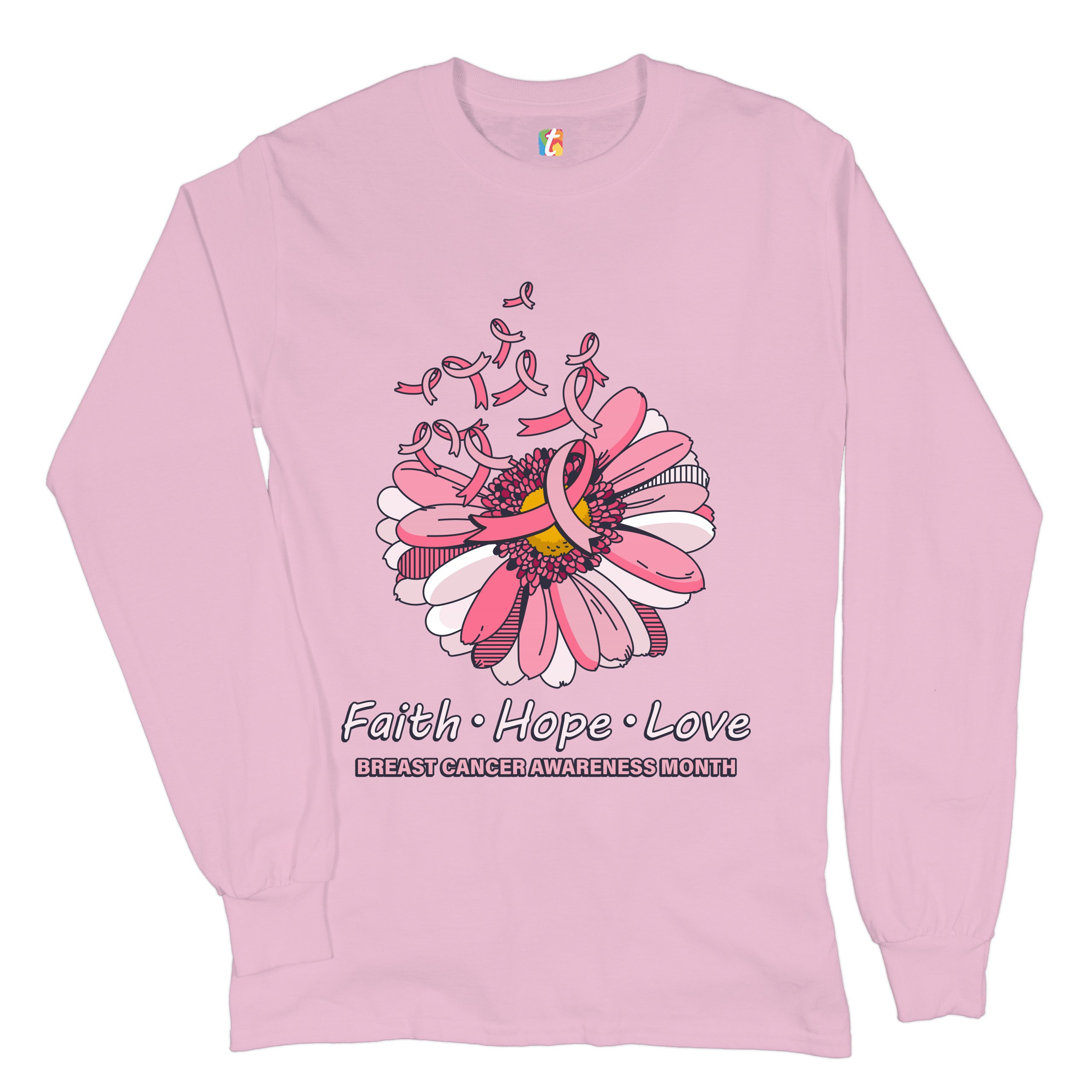 Faith Hope Love Long Sleeve T-shirt Breast Cancer Awareness Month Ribbon Flower - Picture 42 of 45