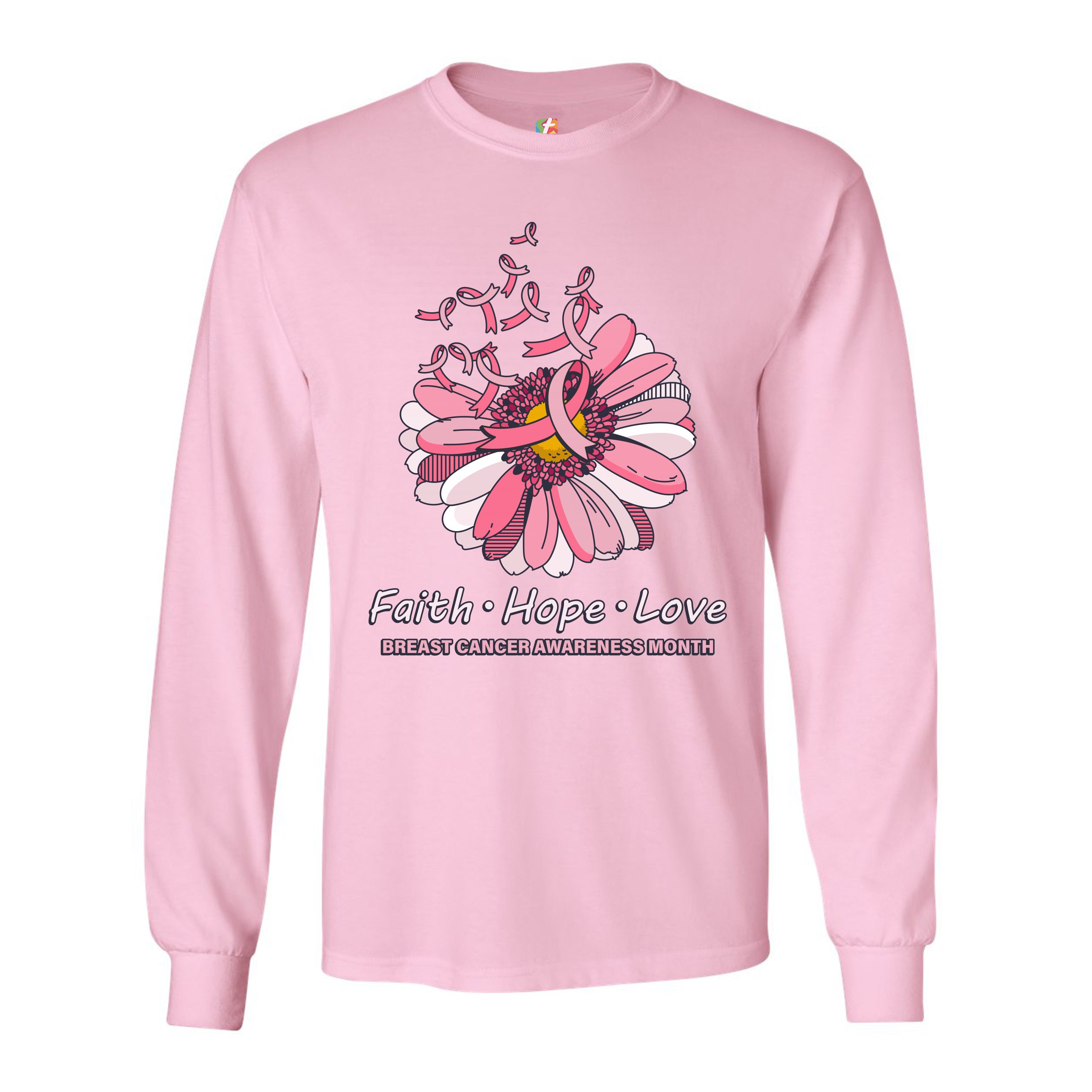 Faith Hope Love Long Sleeve T-shirt Breast Cancer Awareness Month Ribbon Flower - Picture 43 of 45
