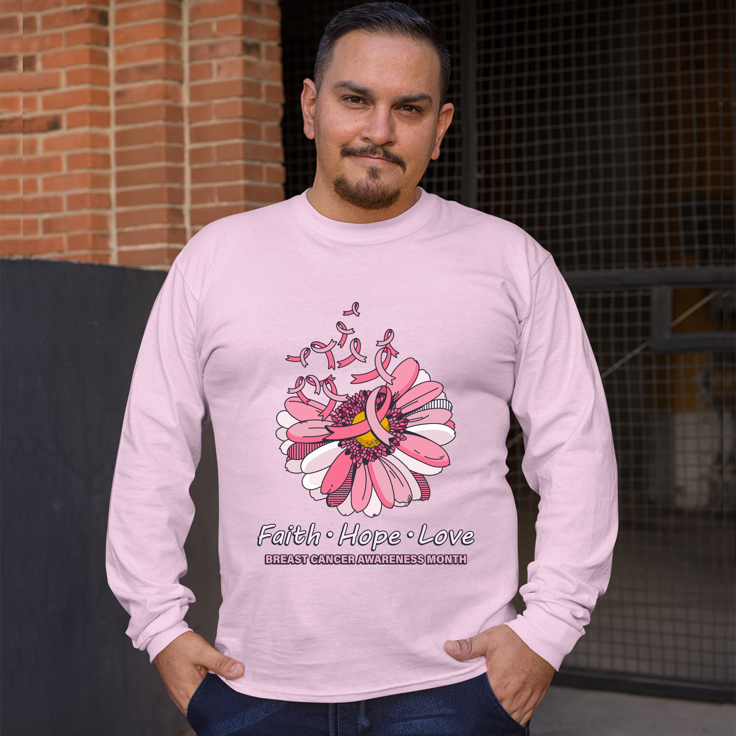 Faith Hope Love Long Sleeve T-shirt Breast Cancer Awareness Month Ribbon Flower - Picture 45 of 45