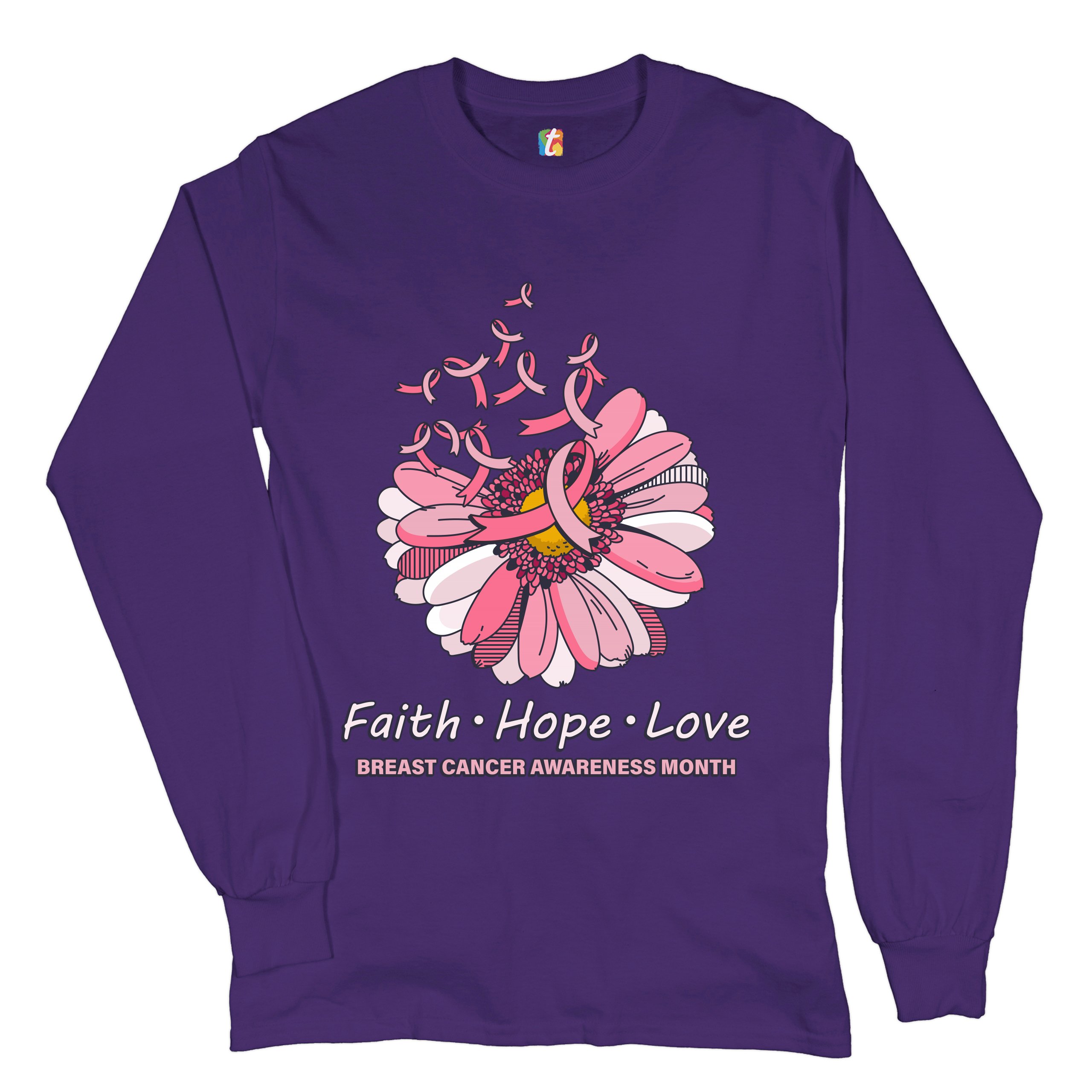 Faith Hope Love Long Sleeve T-shirt Breast Cancer Awareness Month Ribbon Flower - Picture 14 of 45