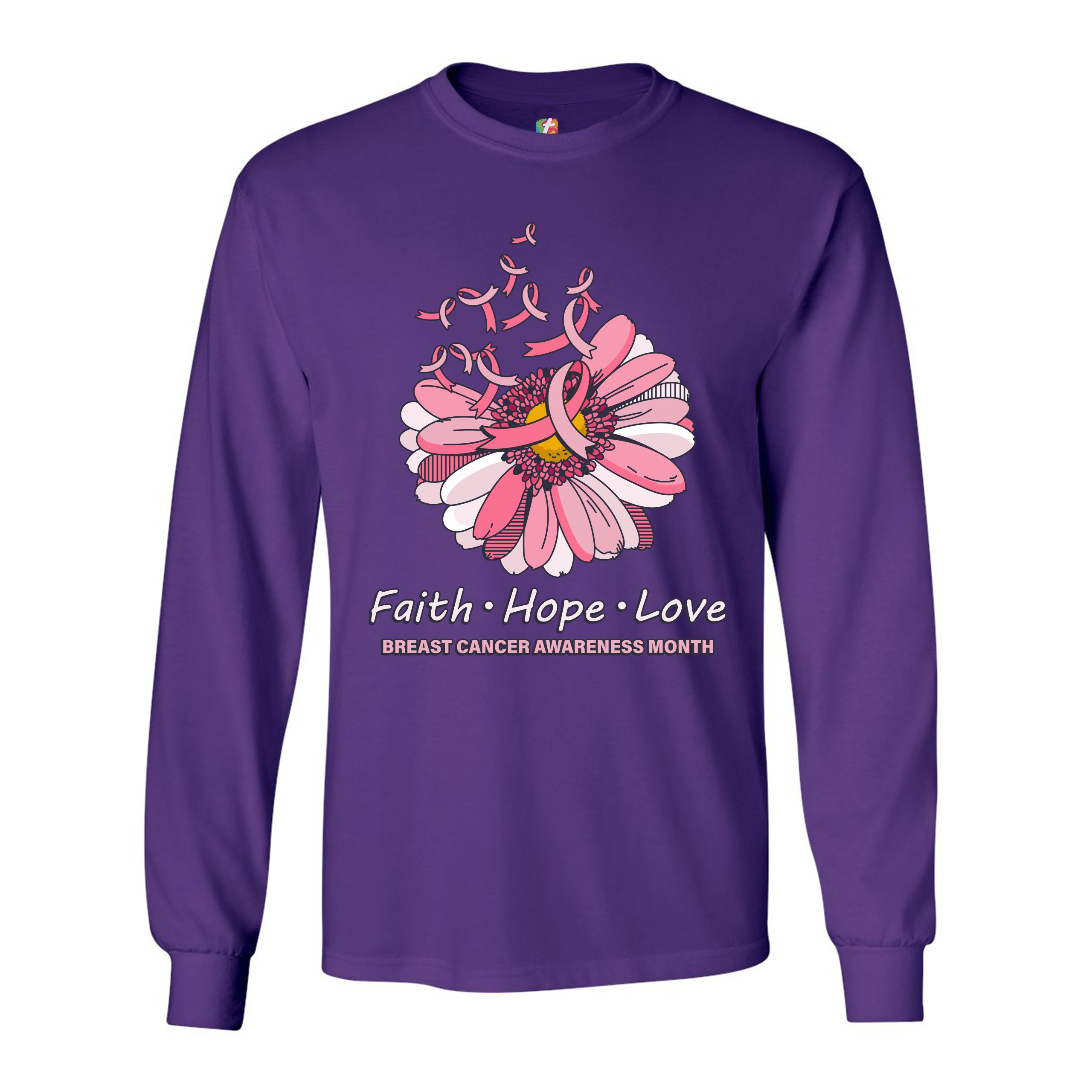 Faith Hope Love Long Sleeve T-shirt Breast Cancer Awareness Month Ribbon Flower - Picture 15 of 45