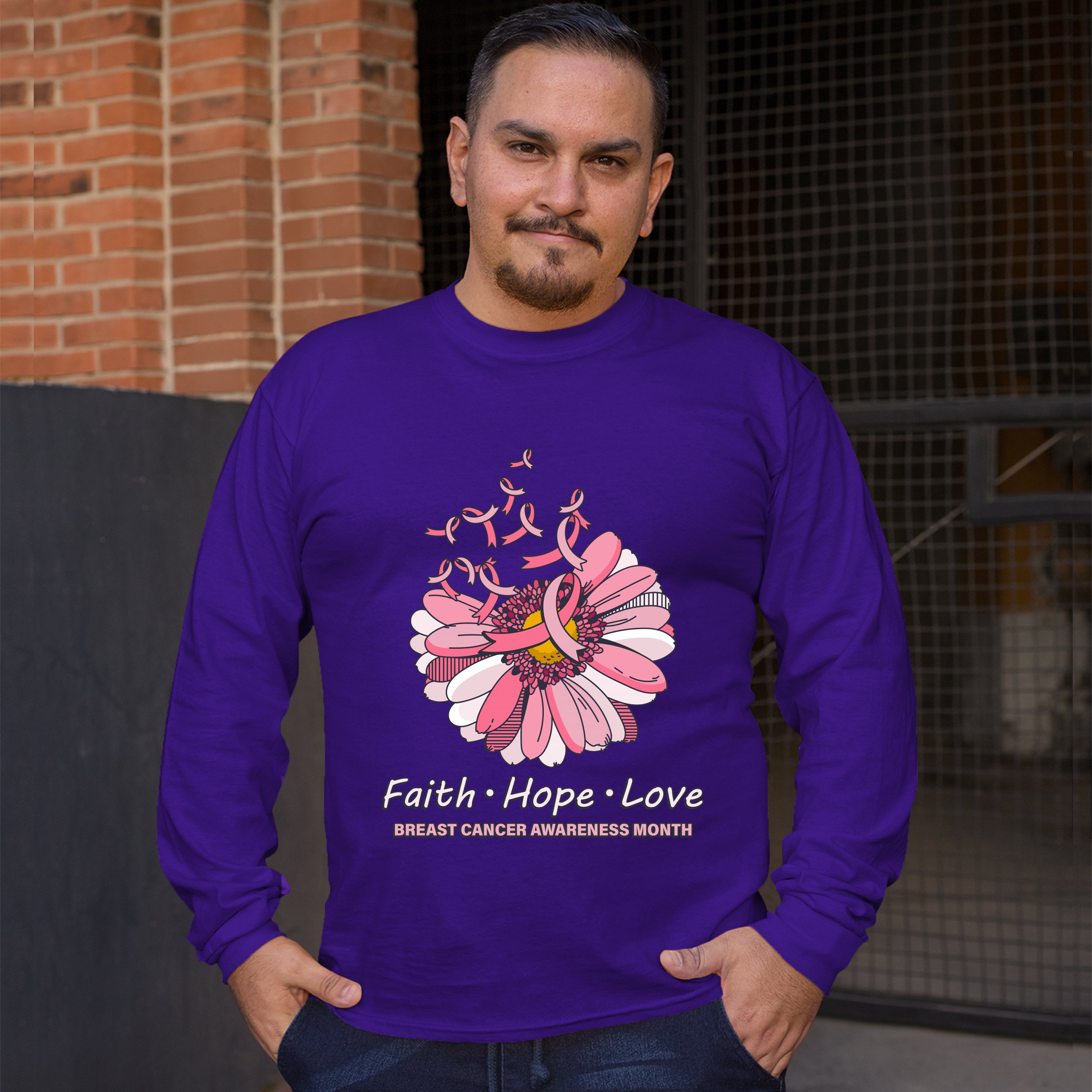 Faith Hope Love Long Sleeve T-shirt Breast Cancer Awareness Month Ribbon Flower - Picture 17 of 45