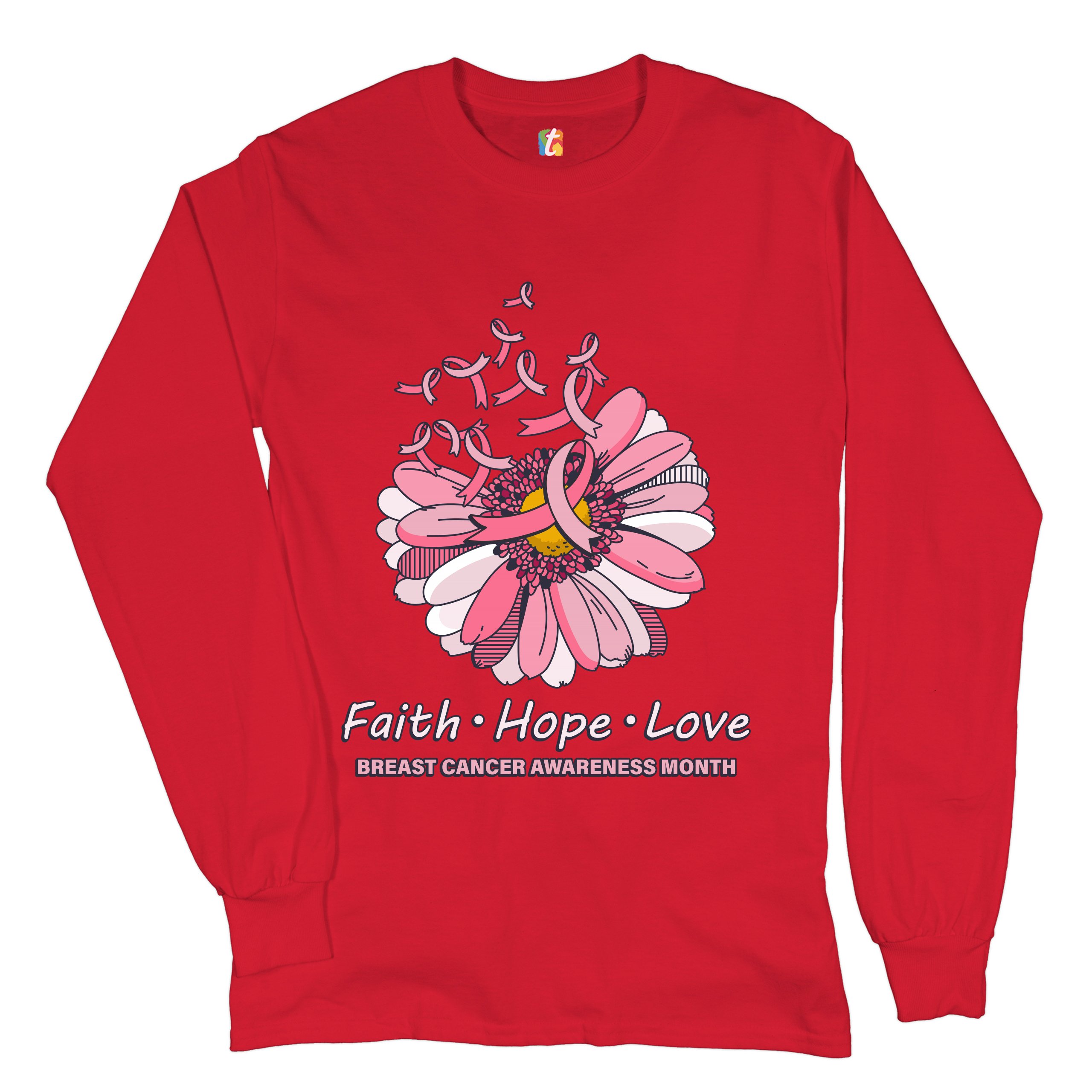 Faith Hope Love Long Sleeve T-shirt Breast Cancer Awareness Month Ribbon Flower - Picture 18 of 45
