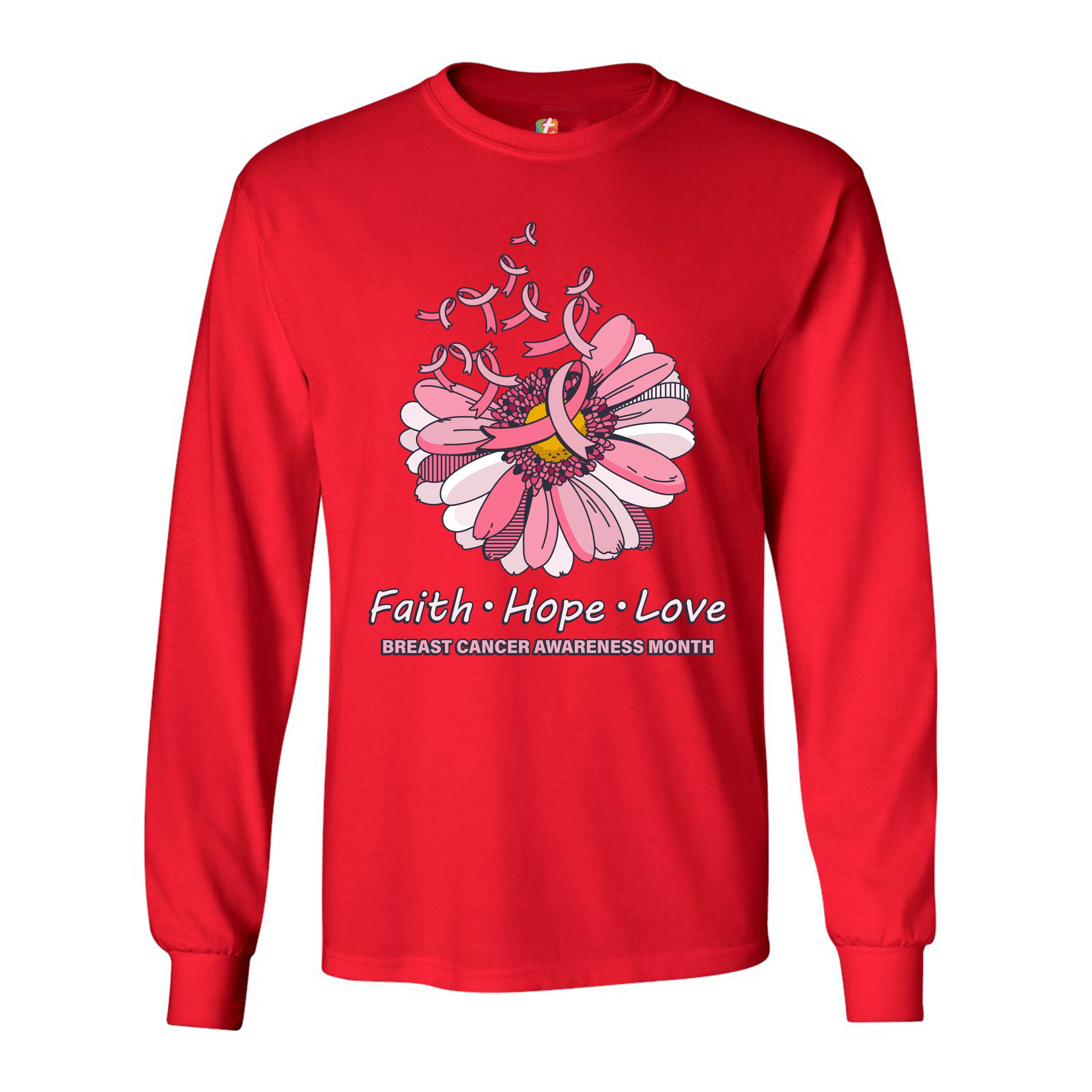 Faith Hope Love Long Sleeve T-shirt Breast Cancer Awareness Month Ribbon Flower - Picture 19 of 45