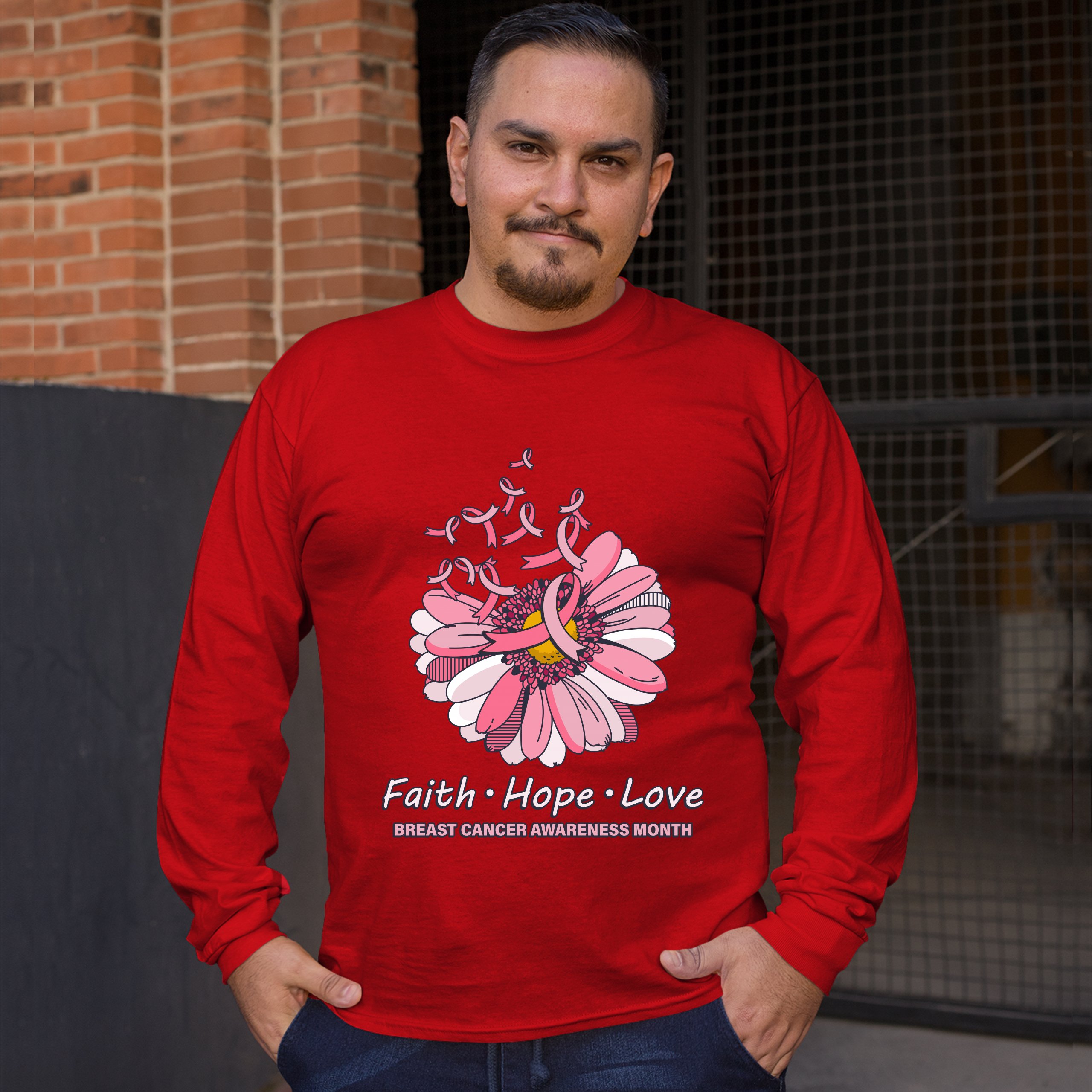 Faith Hope Love Long Sleeve T-shirt Breast Cancer Awareness Month Ribbon Flower - Picture 21 of 45