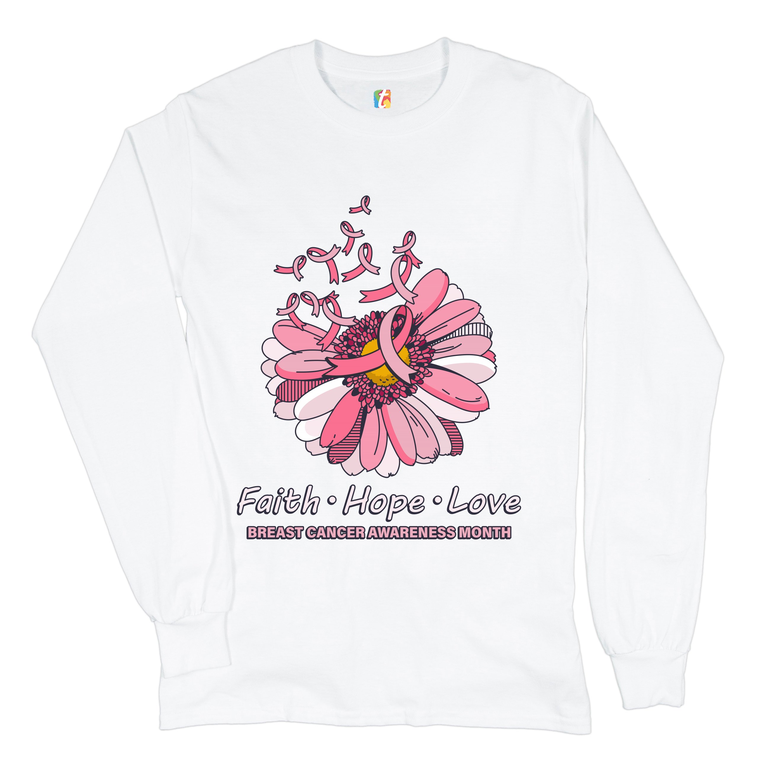 Faith Hope Love Long Sleeve T-shirt Breast Cancer Awareness Month Ribbon Flower - Picture 2 of 45